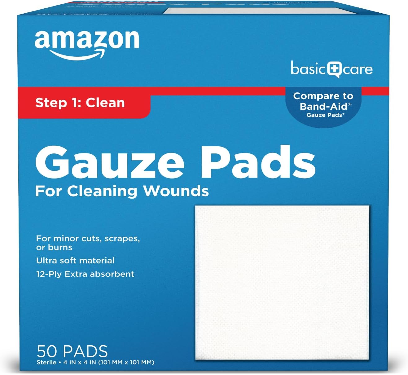 Amazon Basic Care Gauze Pads, 4×4 inches Sterile Medical Wound Dressing Sponges for Cleaning, Covering, & Cushioning Cuts & Minor Injuries, 50 Count (Pack of 1), (Previously All Health)