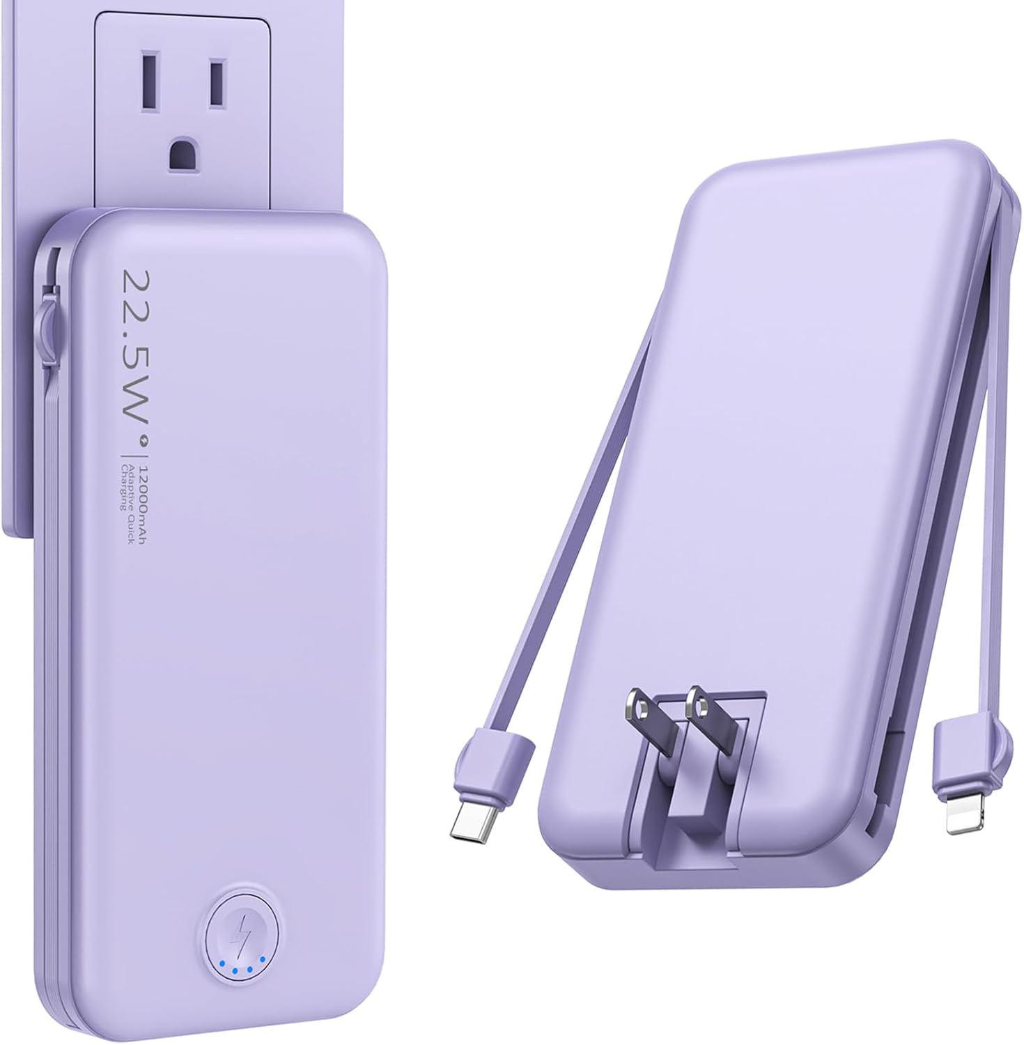 Portable Charger, 12000mAh 22.5W Fast Charging Power Bank with Built-in Cables & Wall Plug, Travel Essential External Battery Pack, USB C Battery Phone Charger for iPhone, iPad, Samsung Purple