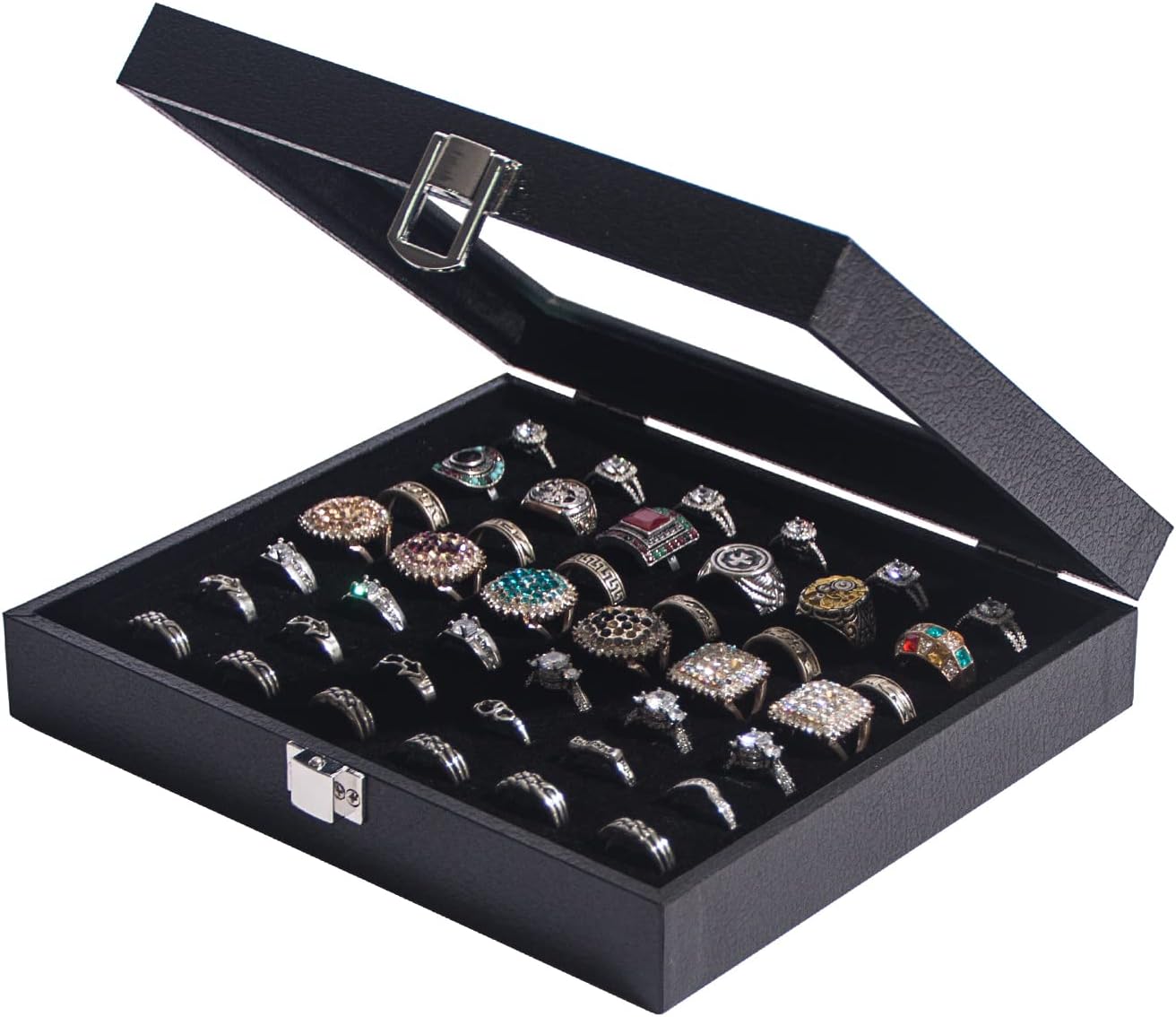 Ring Organizer Display Case,Black Jewelry Storage Tray Boxes for Multiple Rings,Glass Lid,Stackable. (42 Slots)