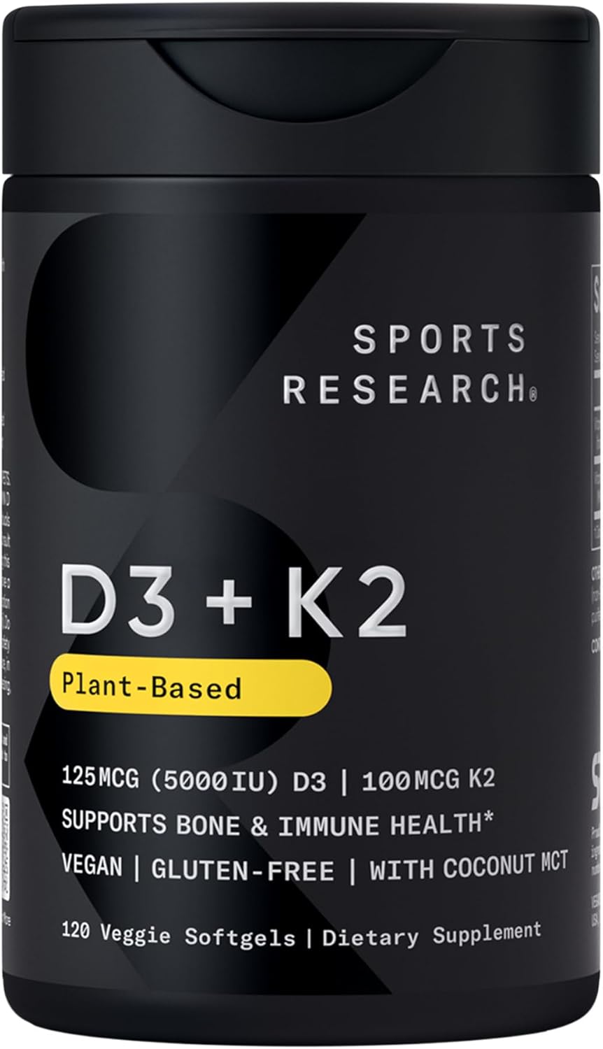 Sports Research® Vitamin D3 + K2 with 5000iu of Plant-Based D3 & 100mcg of Vitamin K2 as MK-7 | Non-GMO Verified & Vegan Certified (120ct)