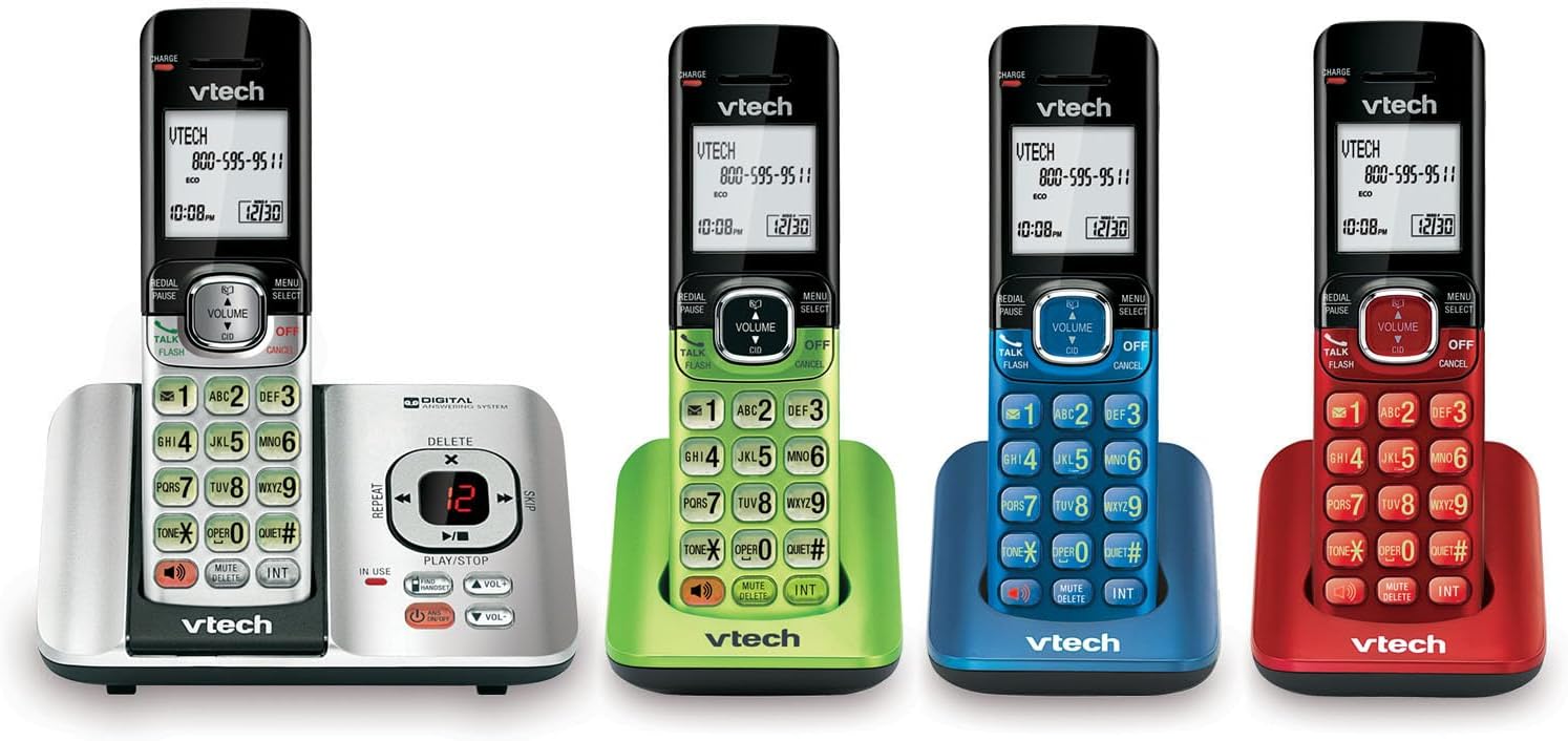 VTech CS6529-4B DECT 6.0 Cordless Phone with Answering Machine & Caller ID – 4 Handsets, Expandable to 5, Wall Mountable, Speakerphone