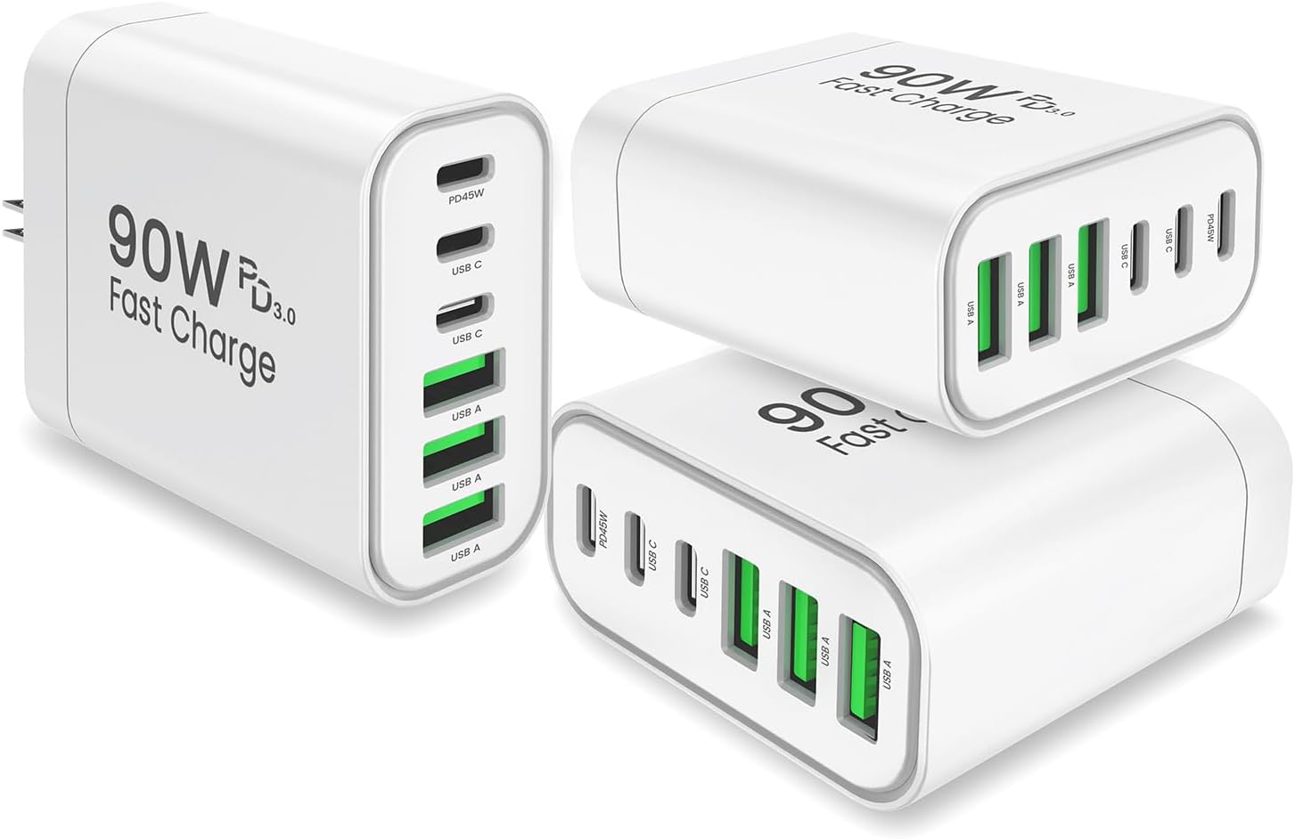 90W GaN USB C Charger Block [3 Pack],6-Port USB C Wall Charger Fast Charging 45W PD Power Adapter for MacBook Air/iPad Pro/iPhone 17Pro Max/Samsung Galaxy S24 Ultra/Tabs for Home Travel