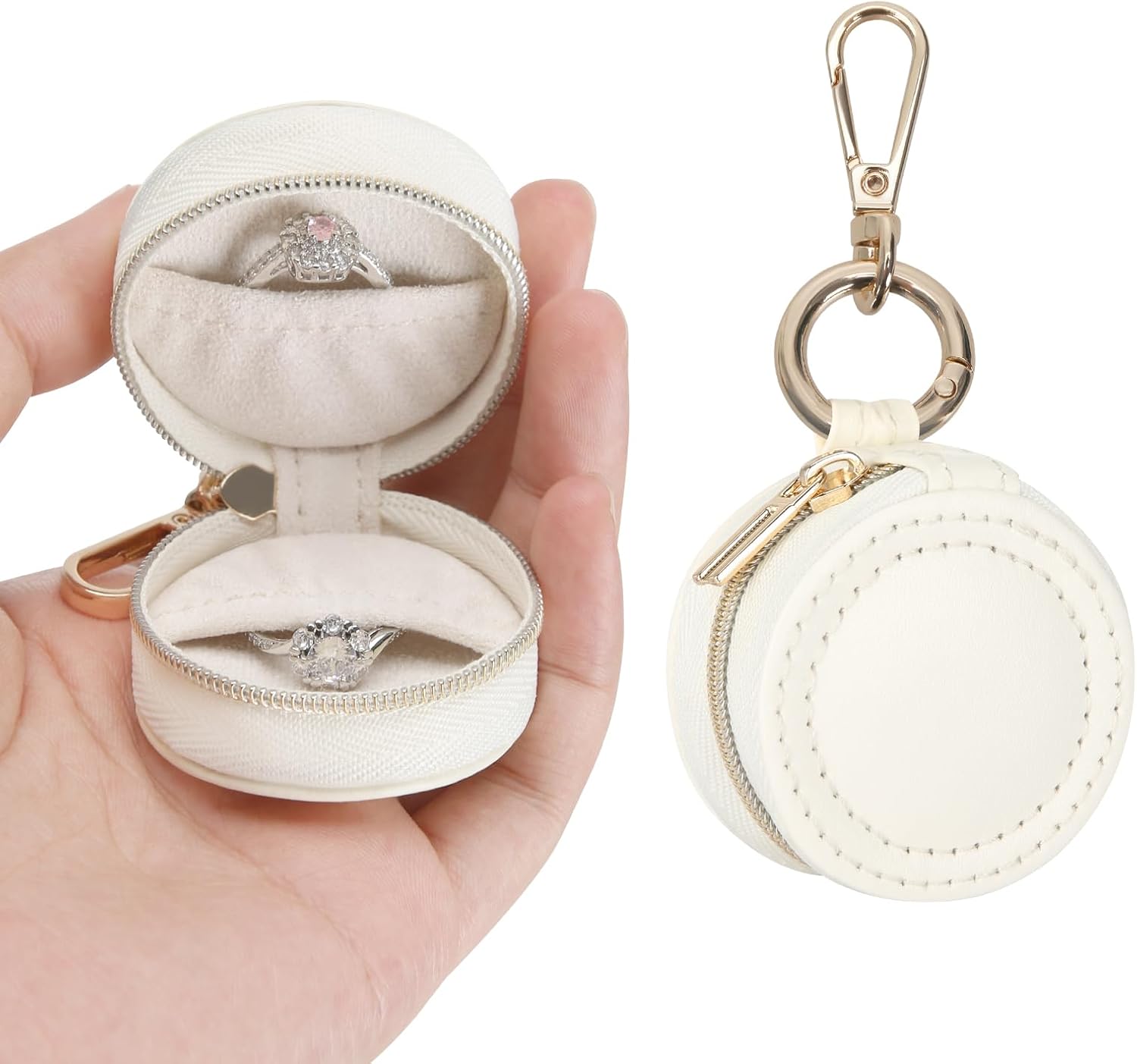 Jewelry Ring Holder Box with Keychain, Portable Gym Jewelry Storage Box Case, Small Travel Ring Earring Stud Necklace Storage Case (White)