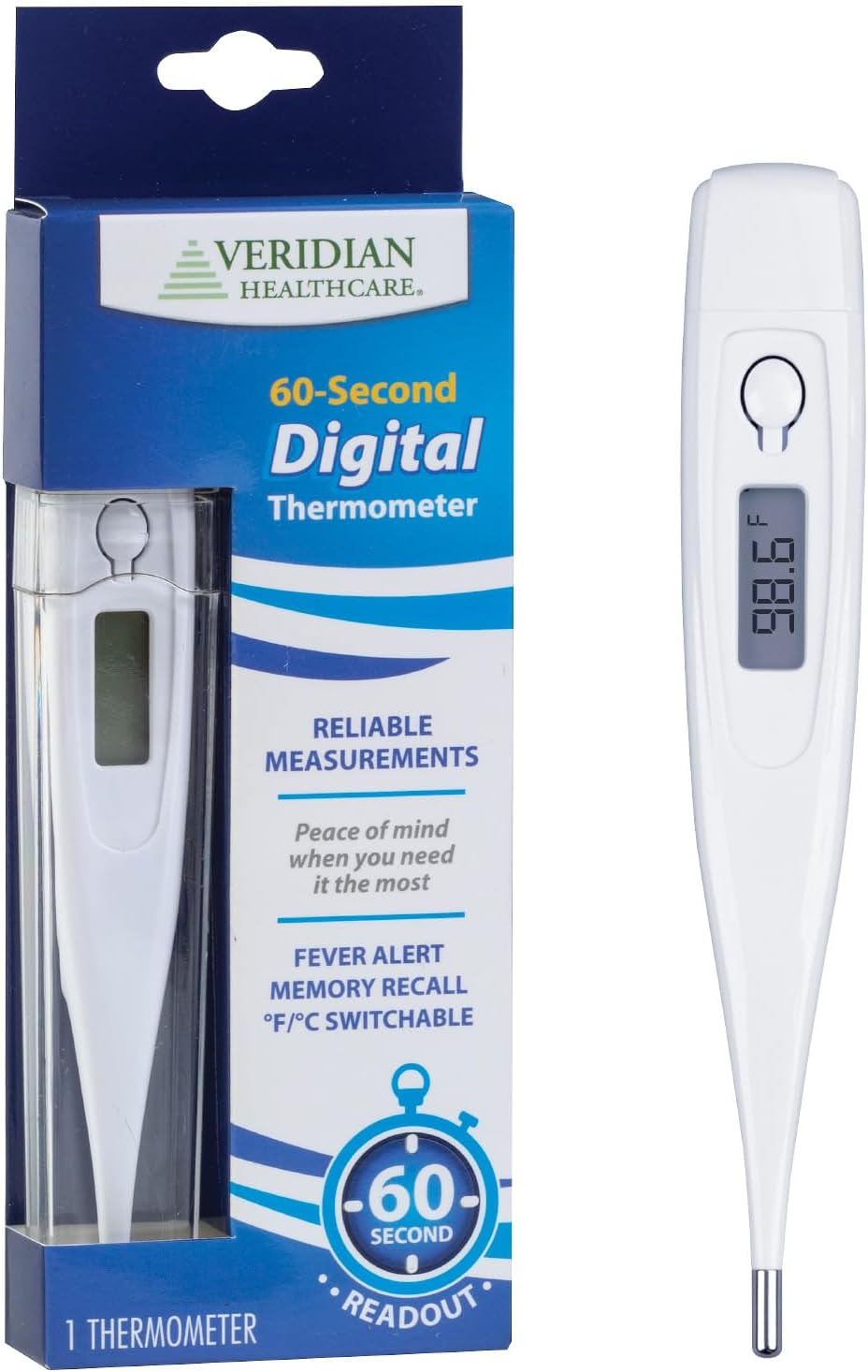 Veridian Digital Thermometer | 60-Second Readout | Fever Alert + Memory Recall| Clinical Rigid Tip | Hygienic Water-Resistant Easy Cleaning | Storage Case + Probe Covers Included