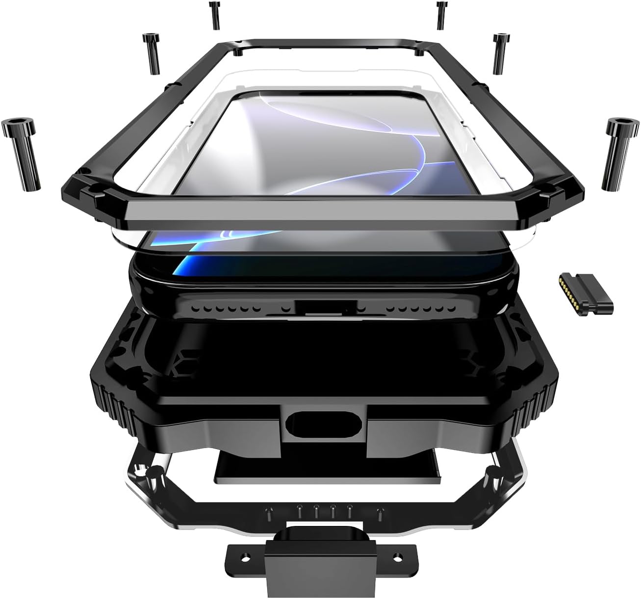 Heavy Duty Metal Phone Case for iPhone 17 Pro Max Aluminum Silicone Armor Full Body Tough Rugged Military Grade Cover with Camera Control Stand Dustproof Shockproof Outdoor Black