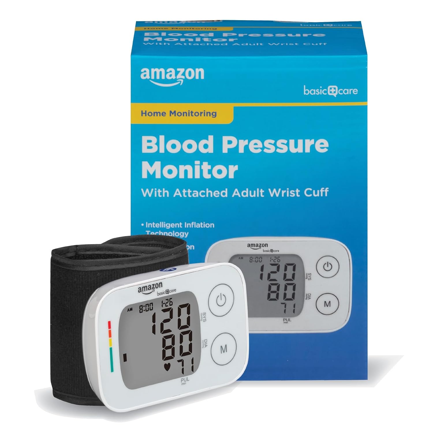 Amazon Basic Care Wrist Blood Pressure Monitor – Digital BP Monitor with Large Display and Intelligent Inflation Technology