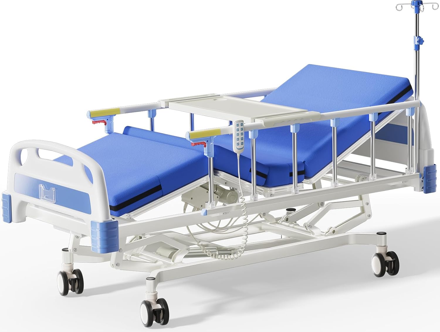 4 Function Full Electric 600LBS Hospital Bed, Adjustable Medical Bed for Seniors with Mattress, IV Pole, Medical Equipment, Hospital Beds for Home or Hospital Use, Frame