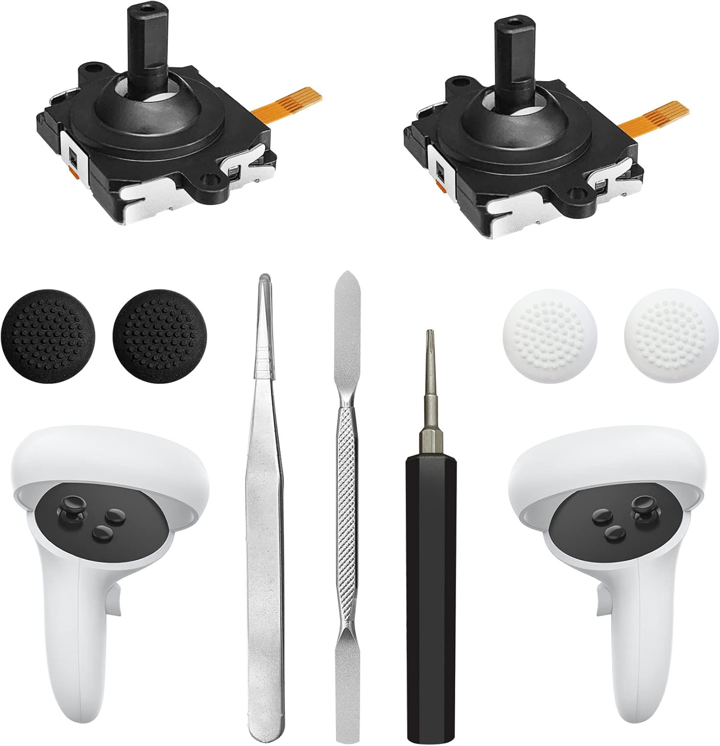 Joystick Replacement Kit for Oculus Quest 2/3 Controller, Repair Kit for Meta Quest 2/3 Controller, Include 2 Joysticks, T5 Screwdriver, Tweezer, Pry Tool, 4 Thumbstick Grips (Black-11-in one)