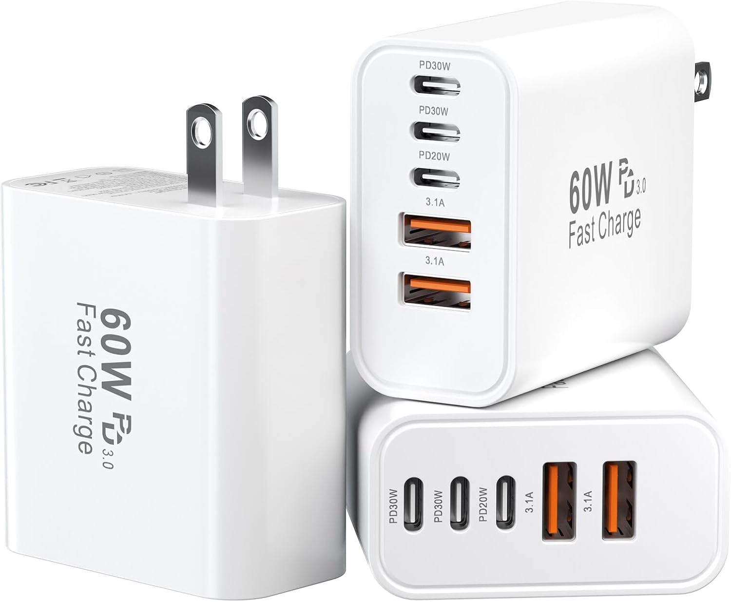 USB C Charging Blocks, 60W USBC Wall Fast Charger Block, Type C Phone USB C Charger Fast Charging Brick, 5-Port Multiport Charger Plug Power Adapter for Phone 17/16/15/14/13 Pro Max, Pad, S25-3Pack