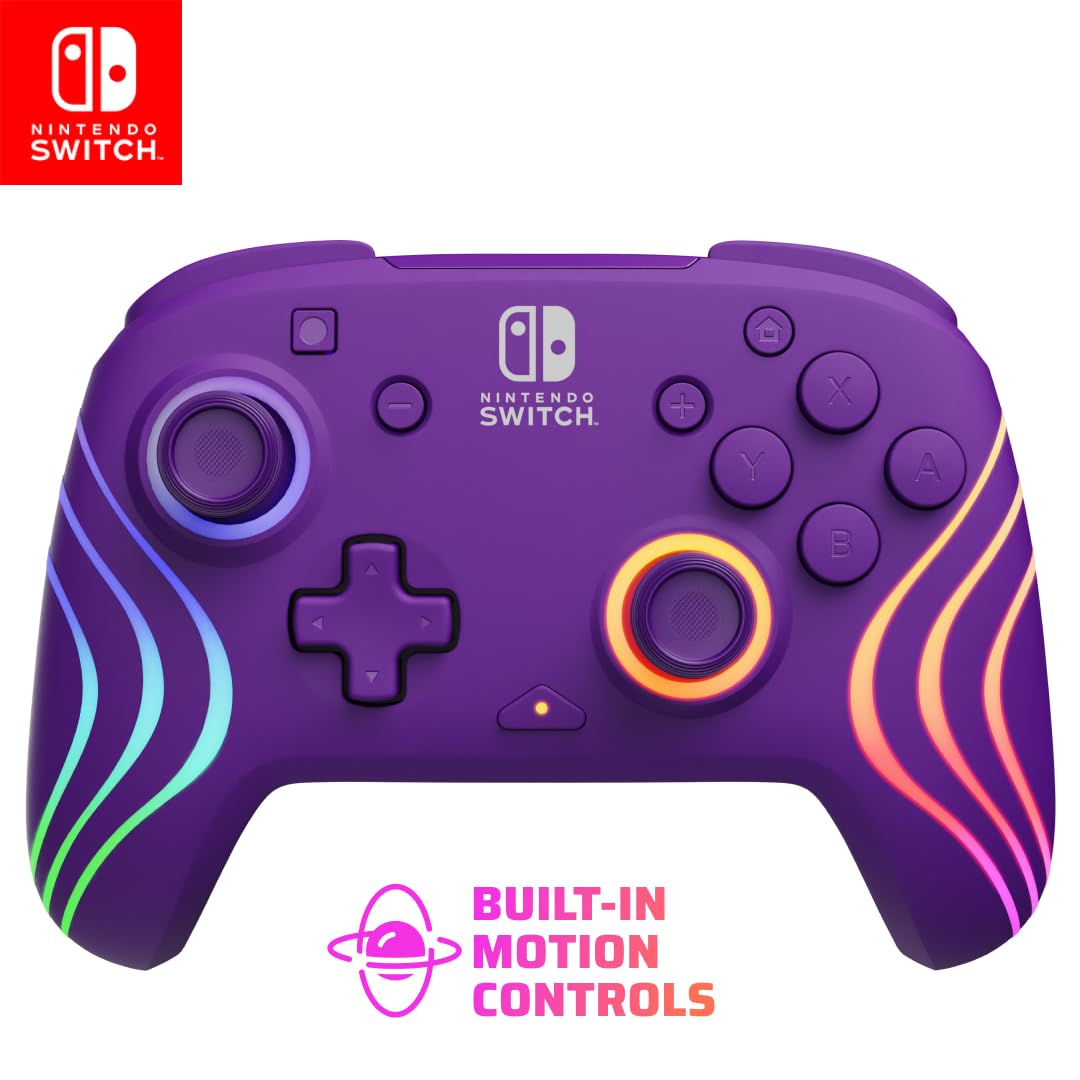 PDP Gaming Afterglow Wave Wireless Nintendo Switch Pro Controller – Officially Licensed, Nintendo Switch 2, Switch Lite/OLED, RGB LED Customization, App Controls, Rechargeable Battery Power – Purple