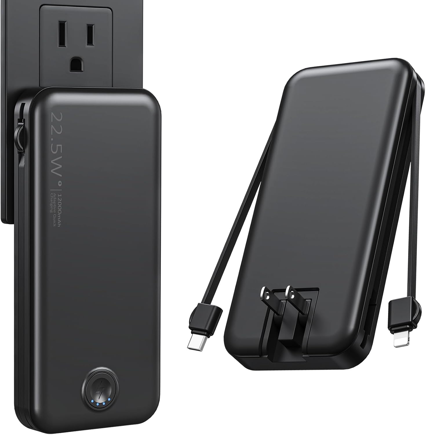 Portable Charger, 12000mAh 22.5W Fast Charging Power Bank with Built-in Cables & Wall Plug, Travel Essentials External Battery Pack, USB C Battery Phone Charger for iPhone, iPad, Samsung Black