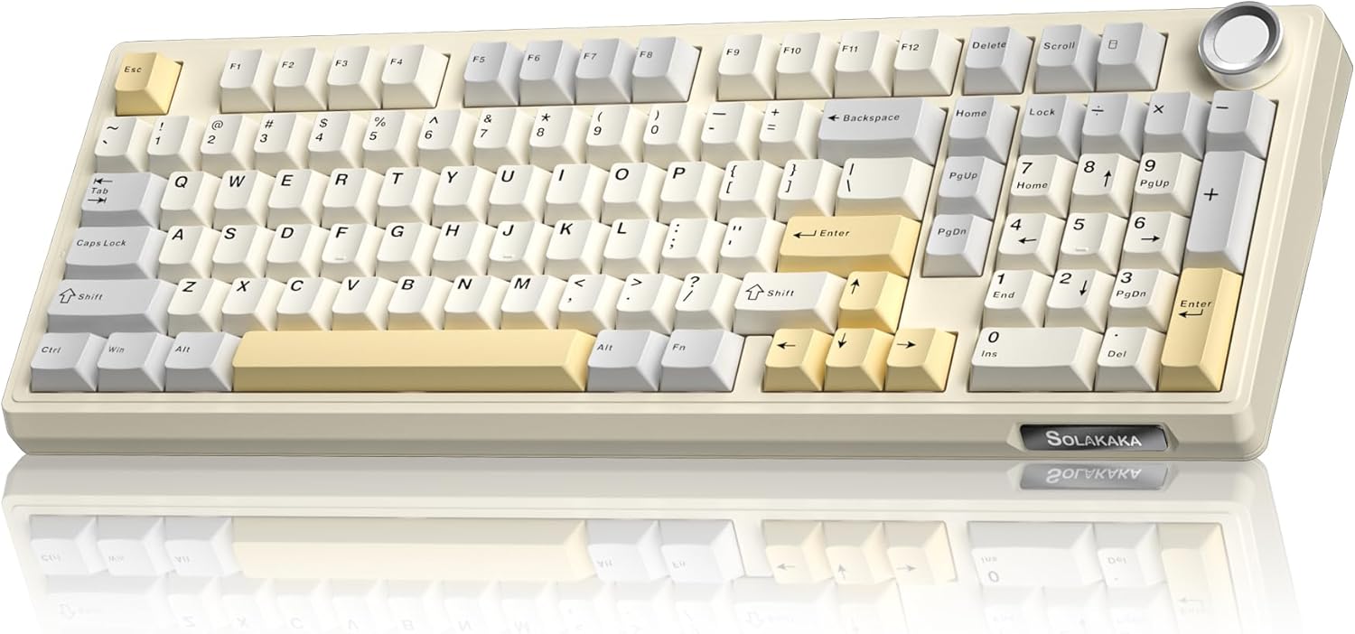 SOLAKAKA KI99 Pro 96% Wireless Gaming Keyboard, RGB Creamy Keyboardw with Knob, Hot-Swappable Pre-Lubed Switches, Gasket Structure Mechanical Keyboards (Beige-White, Non-Silent Version)