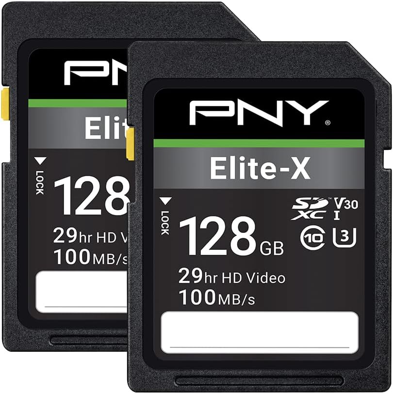 PNY 128GB Elite-X Class 10 U3 V30 SDXC Flash Memory Card – 100MB/s, 4K UHD, HD, UHS-I, Full Size SD (Pack of 2)