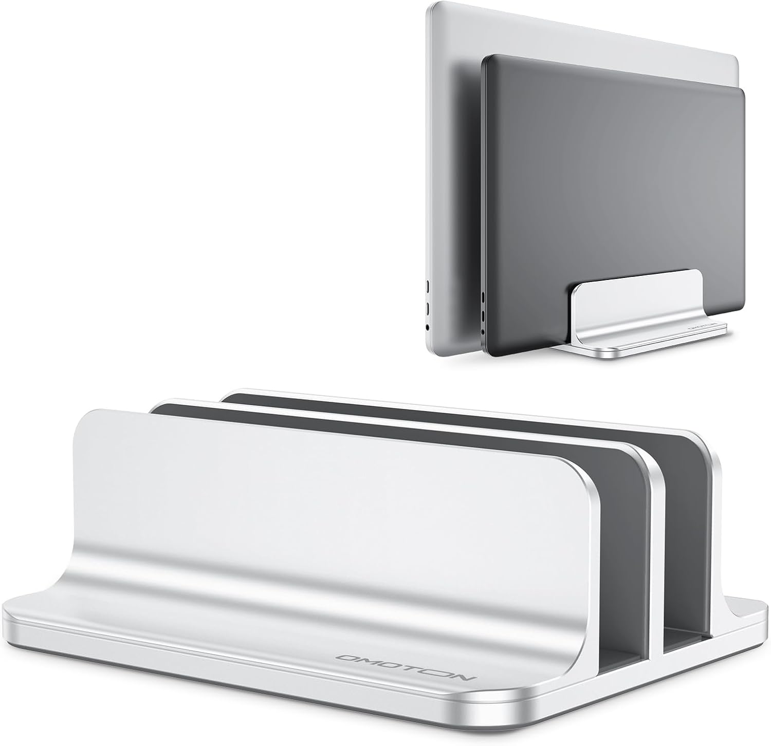OMOTON Vertical Laptop Stand [Updated Double Version], Desktop Aluminum Mac Book Stand with Adjustable Dock Size, Fits All Mac Book, Surface, Chrome Book and Gaming Laptops (Up to 17.3 inch) (Silver)