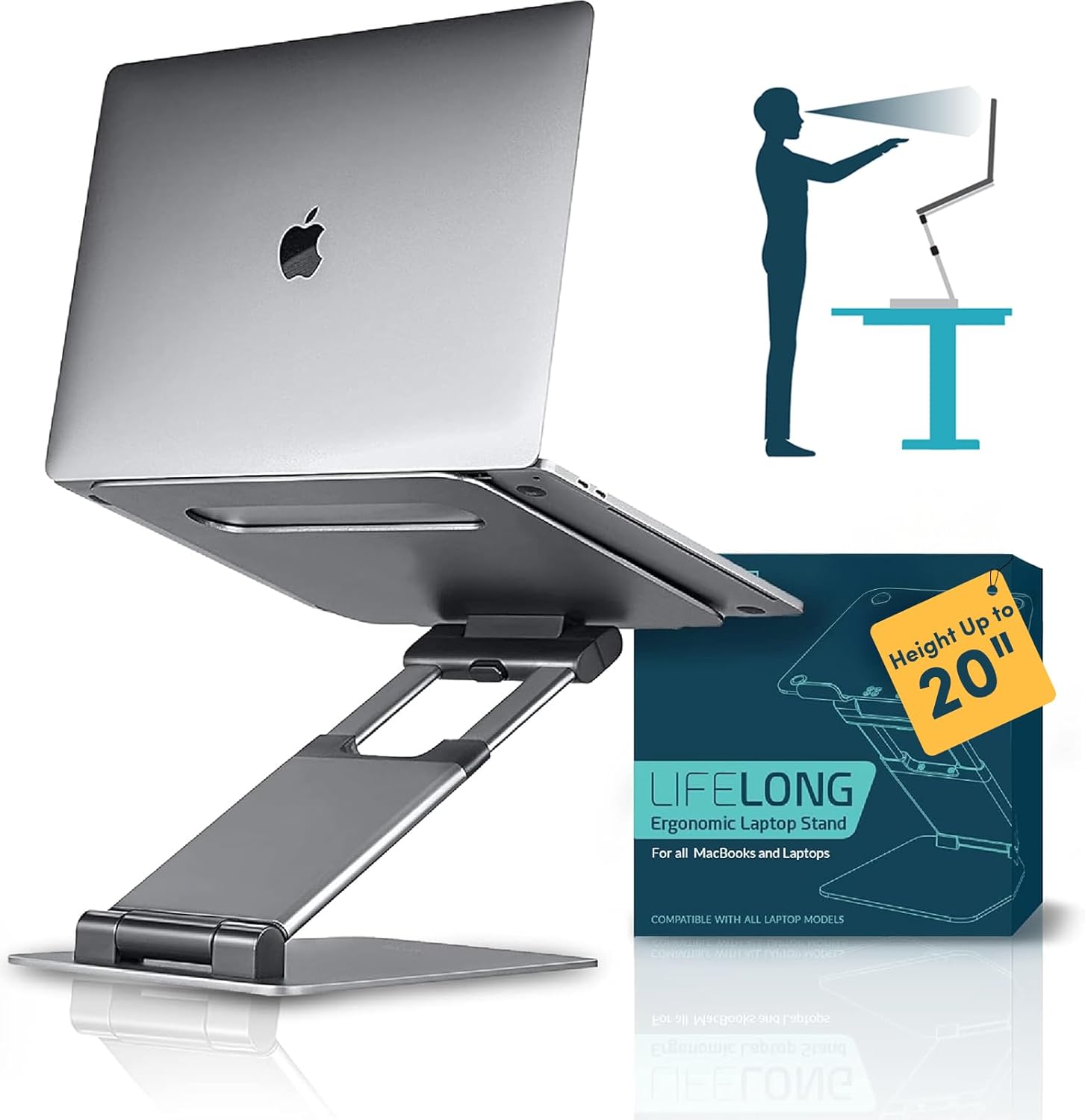 Lifelong Ergonomic Adjustable Laptop Stand for Desk – Height Up to 20″ Portable Computer Laptop Riser Holder, Fits All MacBook Air & 10 15 17 Inches Laptops, Back to School Gift for Men & Women