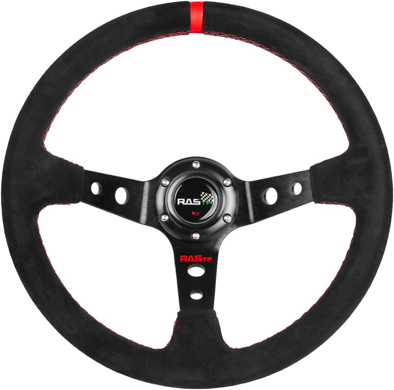 RASTP Universal Racing Steering Wheel Suede Deep Dish 13.58”/345mm 6 Bolts with Horn Button Include Cable, Wrench,Red