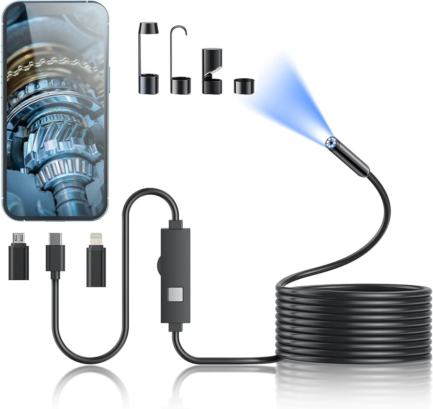 Endoscope Camera with Light, 1920P HD Borescope Tools with 8 Adjustable LED Lights, Endoscope with Semi-Rigid Snake Camera, Inspection Borescope for iOS and Android – 16.4ft Single Lens