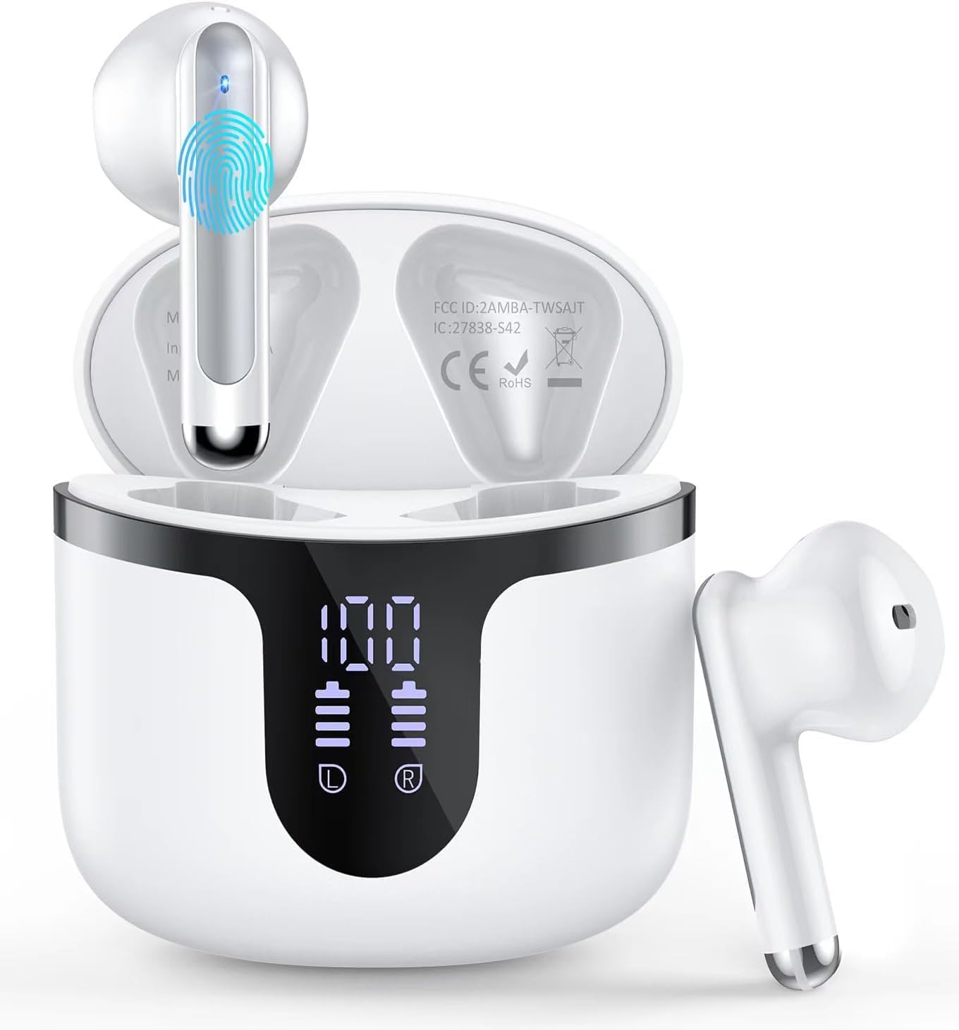 Wireless Earbuds Bluetooth Headphones 5.3 Stereo 50 Hour Playback Ear Buds with LED Display and with 4 ENC Noise Cancelling Mic Wireless Earphones, for Phone, Tablet, Laptop, Sports, White