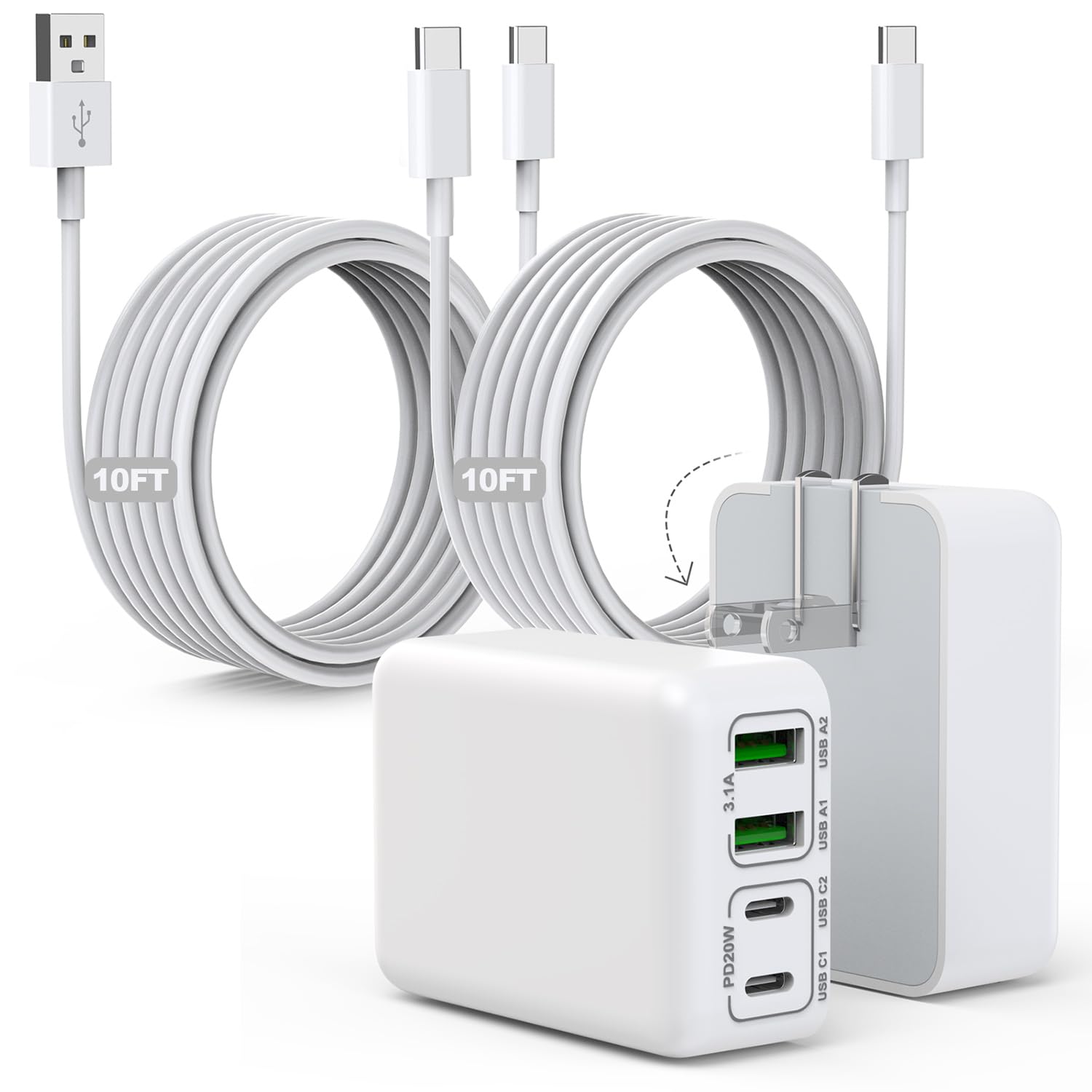 10Foot iPhone USBC Charging Cable,40W 2Pack Foldable Phone 17/16e Fast Charger Block 10FT USBC Cable Fast Charging for Apple iPhone 17/17 Air/17 Pro/16/16 Pro/16 Pro Max/16 Plus 15/15 Pro/Pro Max/iPad