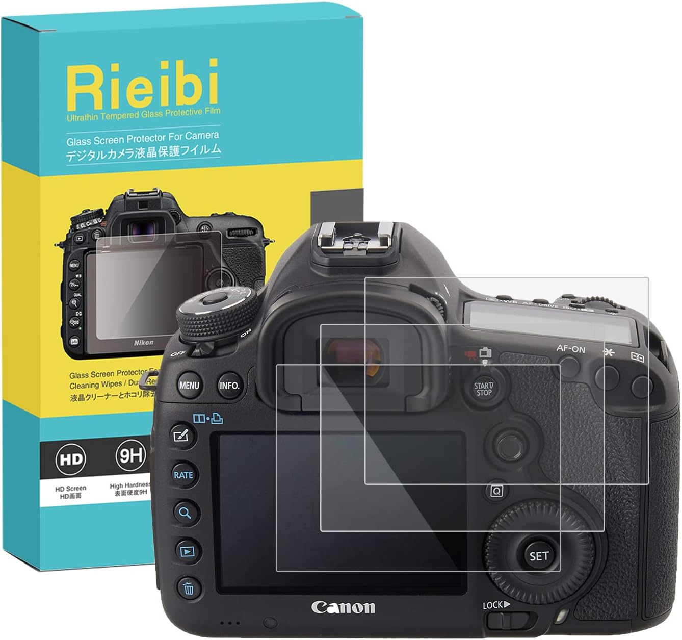 (3 Packs) Rieibi Screen Protector for Canon EOS 5D Mark III 5DS 5DSR Digital Camera, 0.33mm 9H Hardness Tempered Glass Film for Canon EOS 5DIII 5D3 with Top Screen Protector