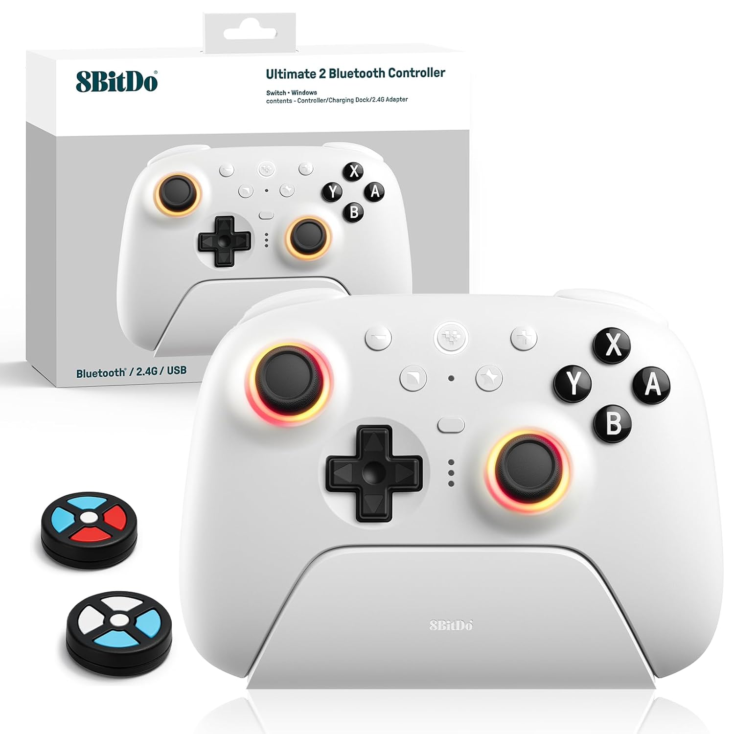 8Bitdo Ultimate 2 Bluetooth Controller (TMR Joystick Update), RGB Fire Ring, Switchable Hall Effect/Tactile Triggers, Vibration and Motion Control for Switch/Switch 2, Windows PC (White)