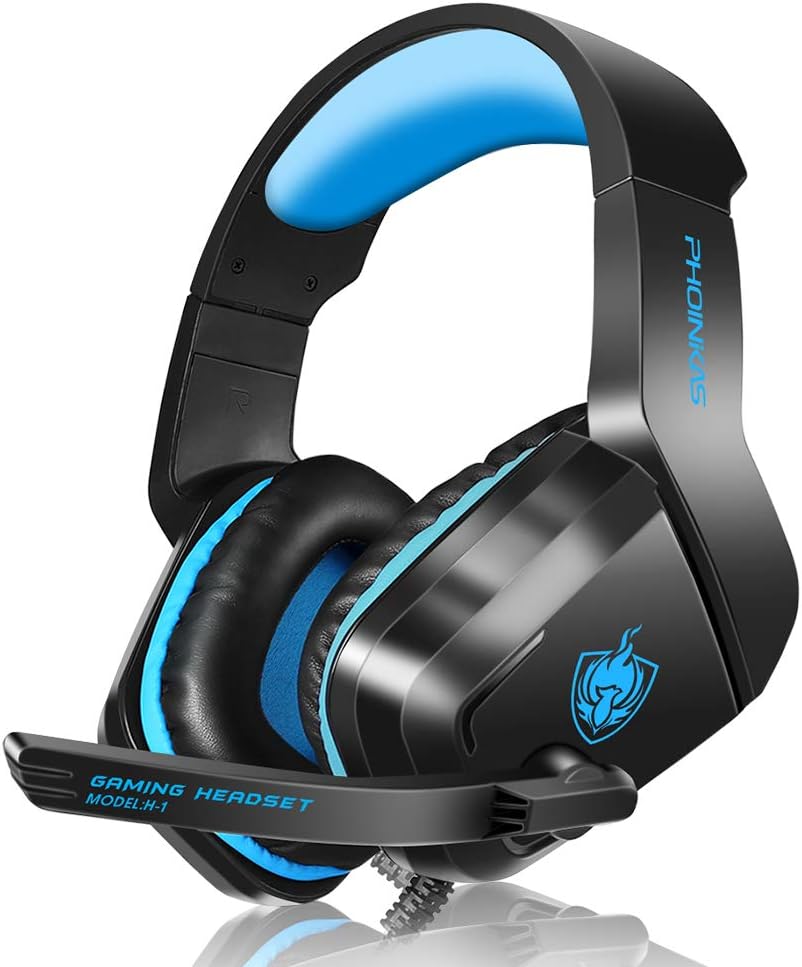PHOINIKAS Gaming Headset, PS5 Headset for PS4, Xbox One, PC, Laptop, Switch, Over Ear Gaming Headphones Noise-Cancelling Mic, Bass Surround – Blue