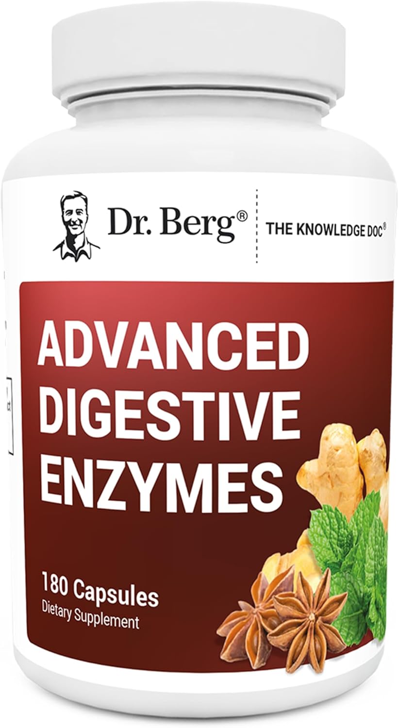Dr. Berg Advanced Digestive Enzymes with Apple Cider Vinegar – Includes Digestive Health Ingredients Like Betaine Hydrochloride (HCI), Ginger Root & Peppermint Leaf – 180 Capsules