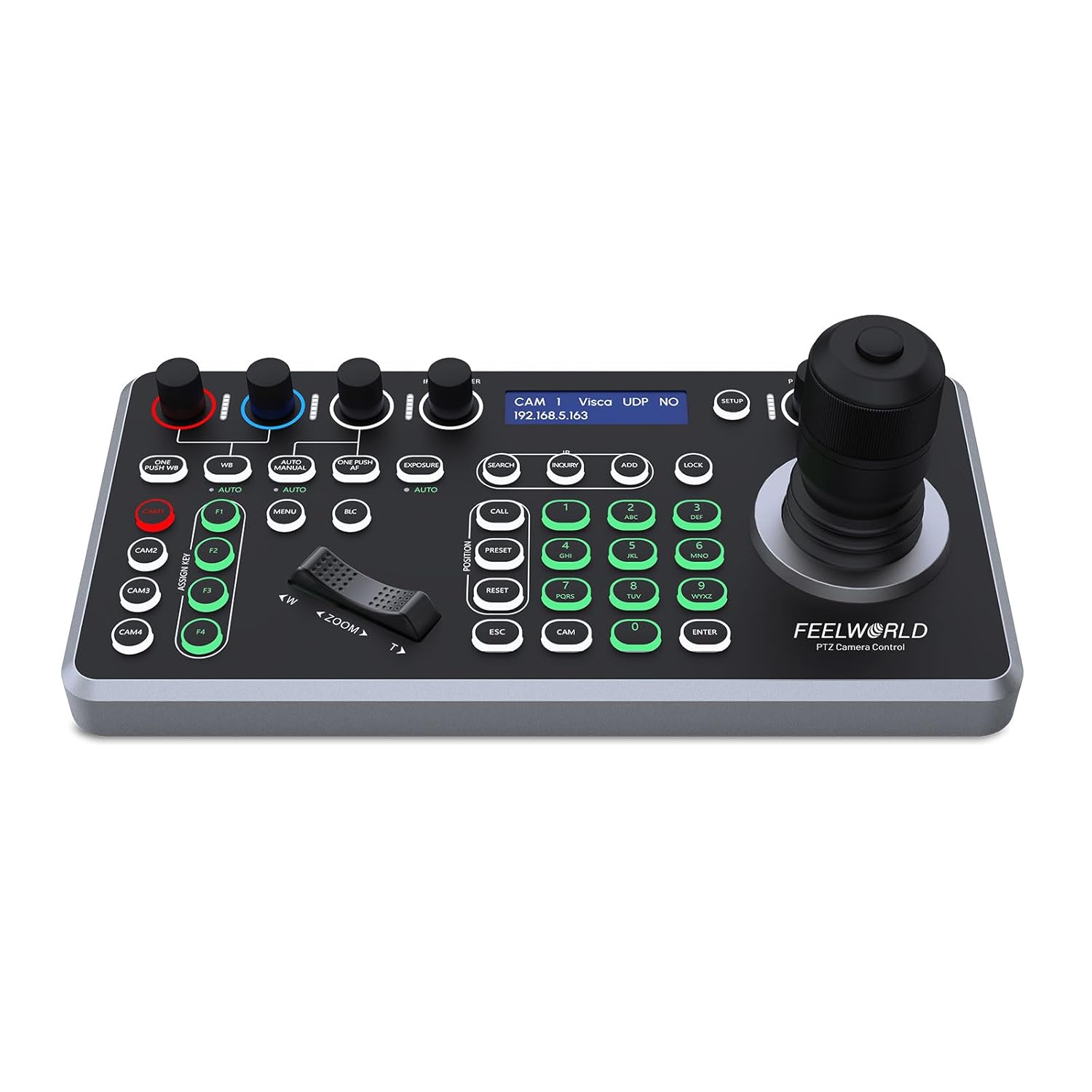 FEELWORLD KBC20N NDI PTZ Camera Joystick Controller, LCD Screen 4D Joystick Control Keyboard Support NDI PoE VISCA Pelco-D/P RS422 RS485 RS232 RJ45 For Church Live, Events, Live Streaming