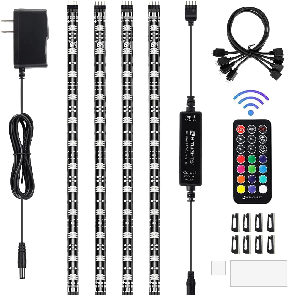 HitLights LED Strip Lights, 4 Pre-Cut Waterproof RGB Small LED Light Strip Kit Dimmable Color Changing SMD 5050 LED Tape Light with RF Remote, UL-Listed Power Supply and Connectors for TV Bedroom Home