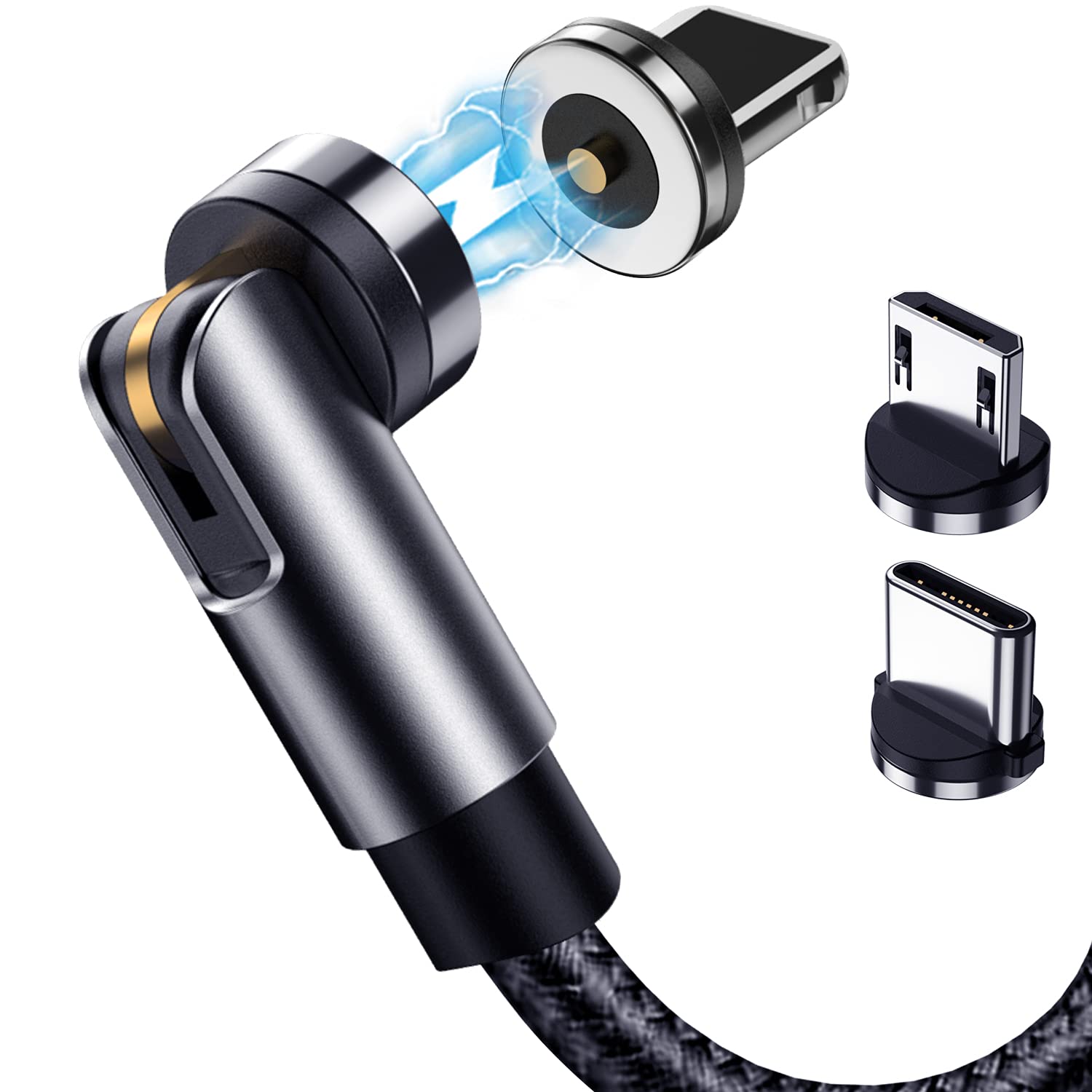 Terasako Magnetic Charging Cable 5-Pack (3/3/6/6/10FT) – 540° Rotating Magnetic Phone Charger Cable with LED Light – 90° Angle Connector, Nylon-Braided Cords (Black)