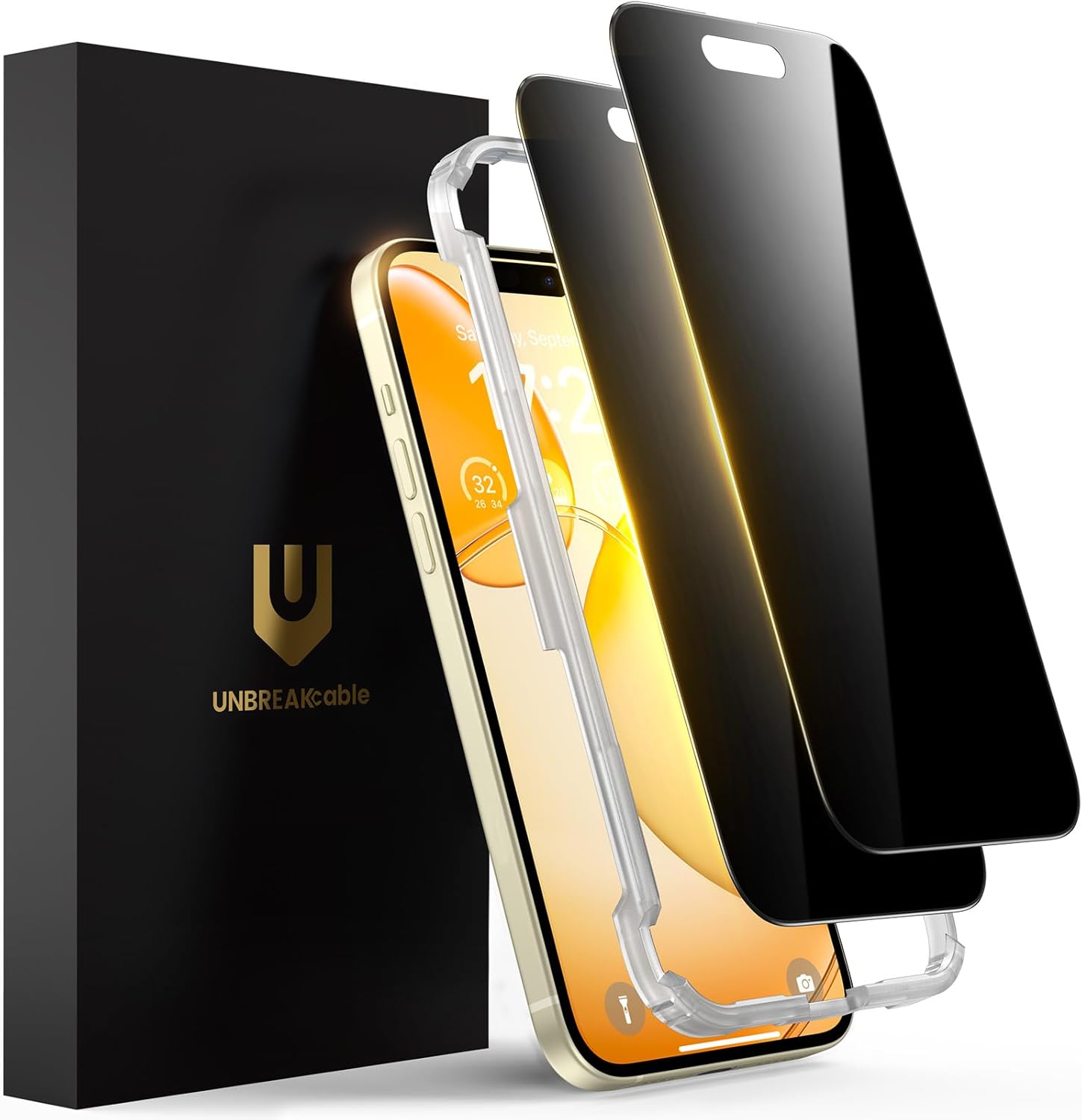 UNBREAKcable Privacy Screen Protector for iPhone 15, Full Coverage Shatterproof Tempered Glass [True 28°Anti Spy] [9H Hardness] [Easy Installation Frame] 2-Pack Private Screen for iPhone 15