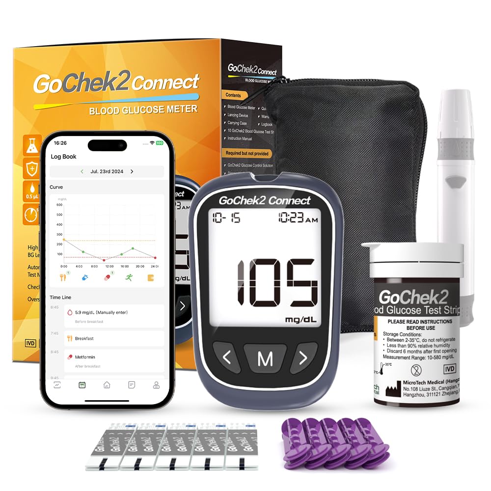 MicroTech Bluetooth Blood Sugar Testing Kit 10 Strips & Lancets, Free App, No Coding, 500 Storage