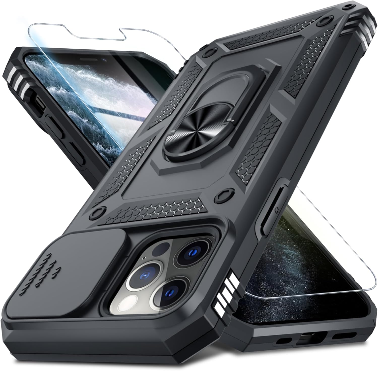 Janmitta Case for iPhone 12 & 12 Pro Phone Cover Built in Slide Camera Lens Cover+Screen Protector,Heavy Duty Shockproof Full Body PhoneCase with Finger Ring Holder Kickstand,Black