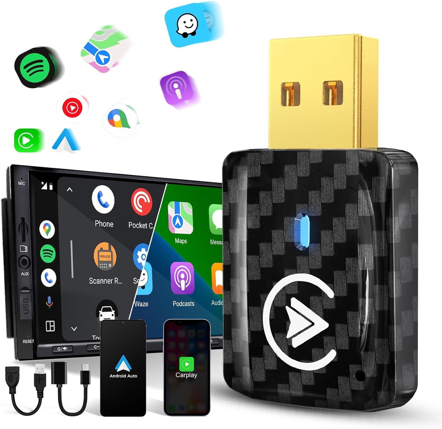 2in1 Carplay Wireless Adapter Android Auto Wireless Adapter, Mini USB Small Dongle Fast Auto Connect, Car Play Play Plug, for Apple iPhone iOS & Android 11+, OEM Wired Car Model 2017+, Black