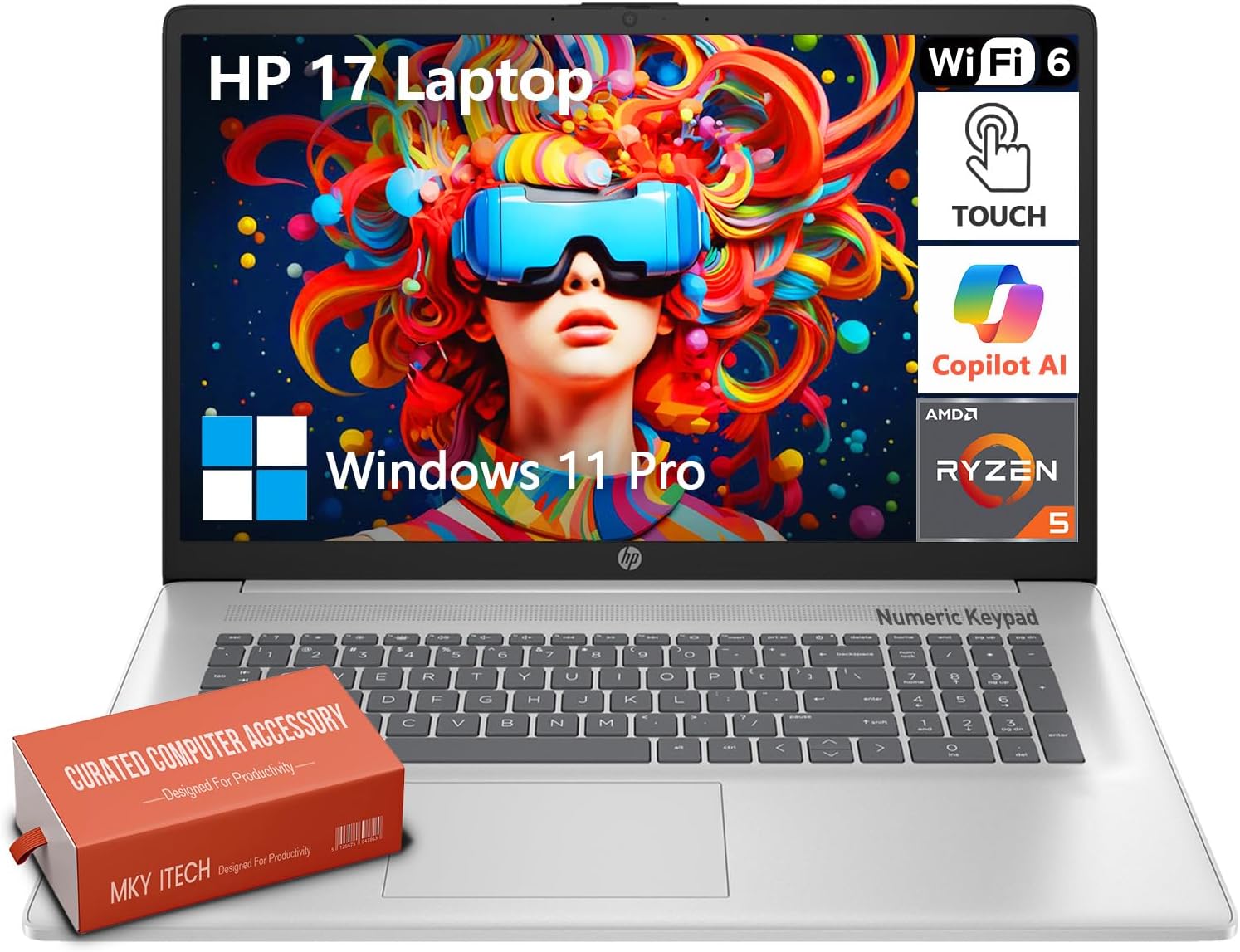 HP 17 Inch Touchscreen Laptop Computer, 17.3″ HD+ Touch Screen Business Laptop PC, AMD Ryzen 5 (6-Cores), 32GB RAM 1TB SSD, Windows 11 Pro, 10-Key Number Pad | Copilot Key, Type-C, Wi-Fi 6, Silver