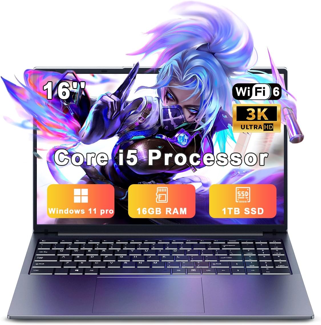 XNQ Laptop Computer, Gaming Laptop 2026, Core i5 Turbo 3.80GHz, 16 Inch Lap Top PC, 3K IPS Display, 8000mAh Battery, 16GB RAM 1TB SSD,1TB TF Expand, Backlit, Type-C, Privacy Care, WiFi6, Win 11 pro