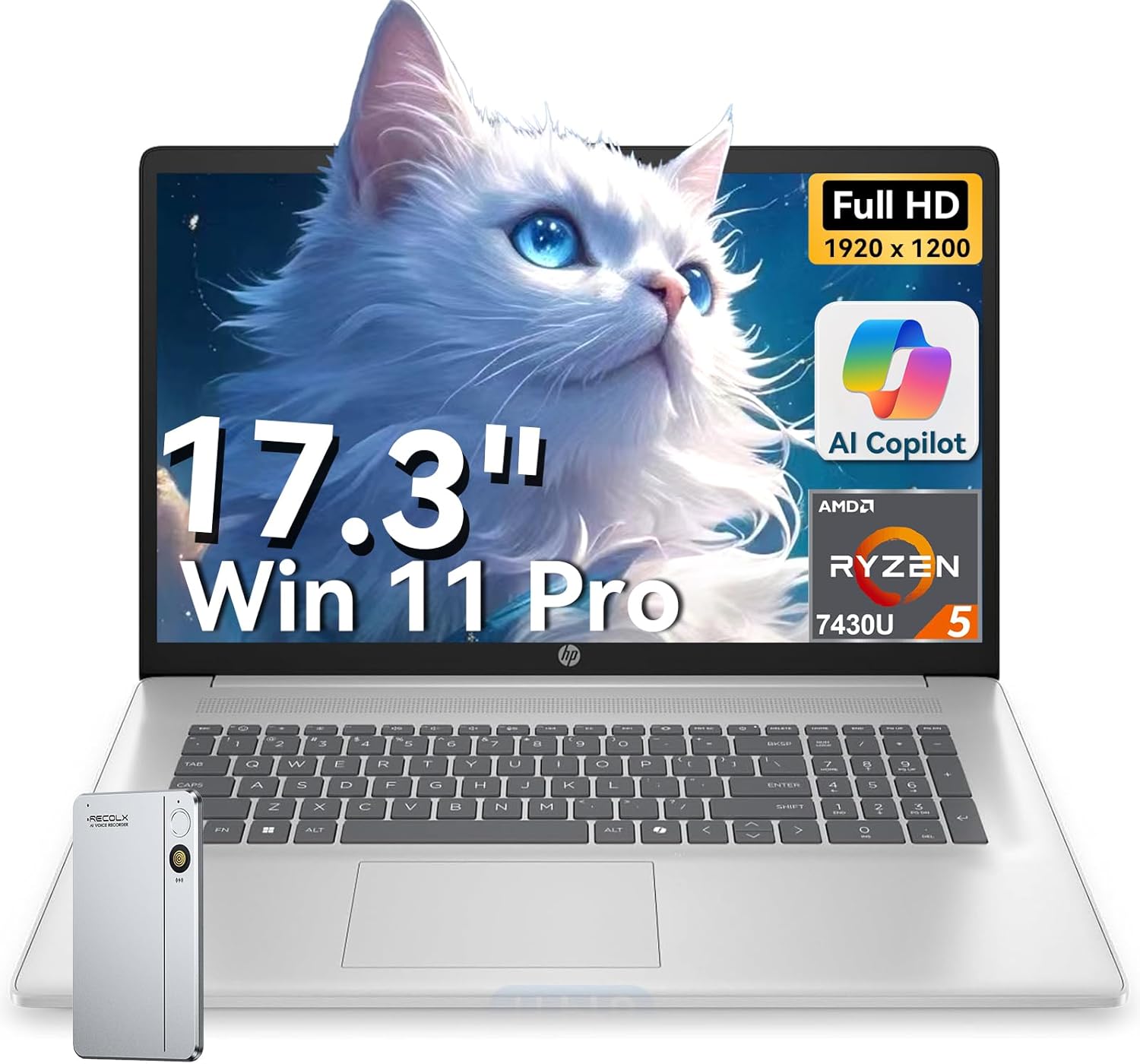 HP 17 inch laptops, AMD Ryzen 5 7430U(Beats i7-1165G7), 32GB RAM 1TB NVMe SSD Windows 11 Pro, 17.3″ FHD IPS, Copilot AI, Numeric Keyboard, Type-c, Patented KB Kit