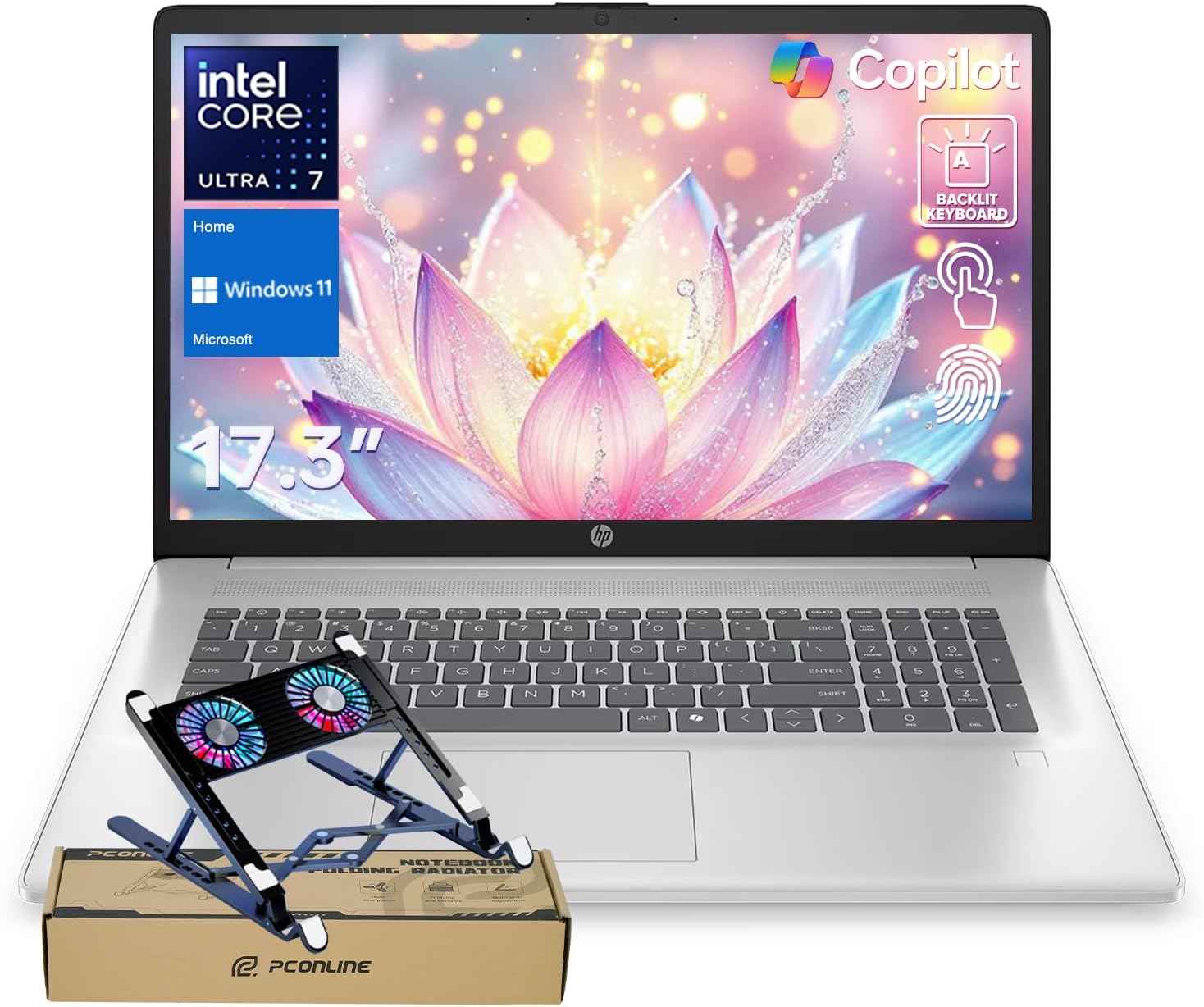 HP Business Copliot AI Laptop PC, 17.3″ Touchscreen, Ultra 7 255U, 64GB DDR5 RAM, 4TB SSD, Wi-Fi 6, Win11 Home, Backlit Keyboard, Webcam, Fingerprint Reader, Bundle with PCO Laptop Cooler