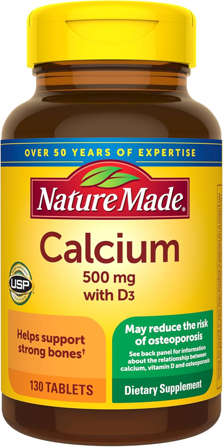 Nature Made Calcium 500 mg with Vitamin D3, Calcium and Vitamin D Supplement for Bone Support, 130 Tablets