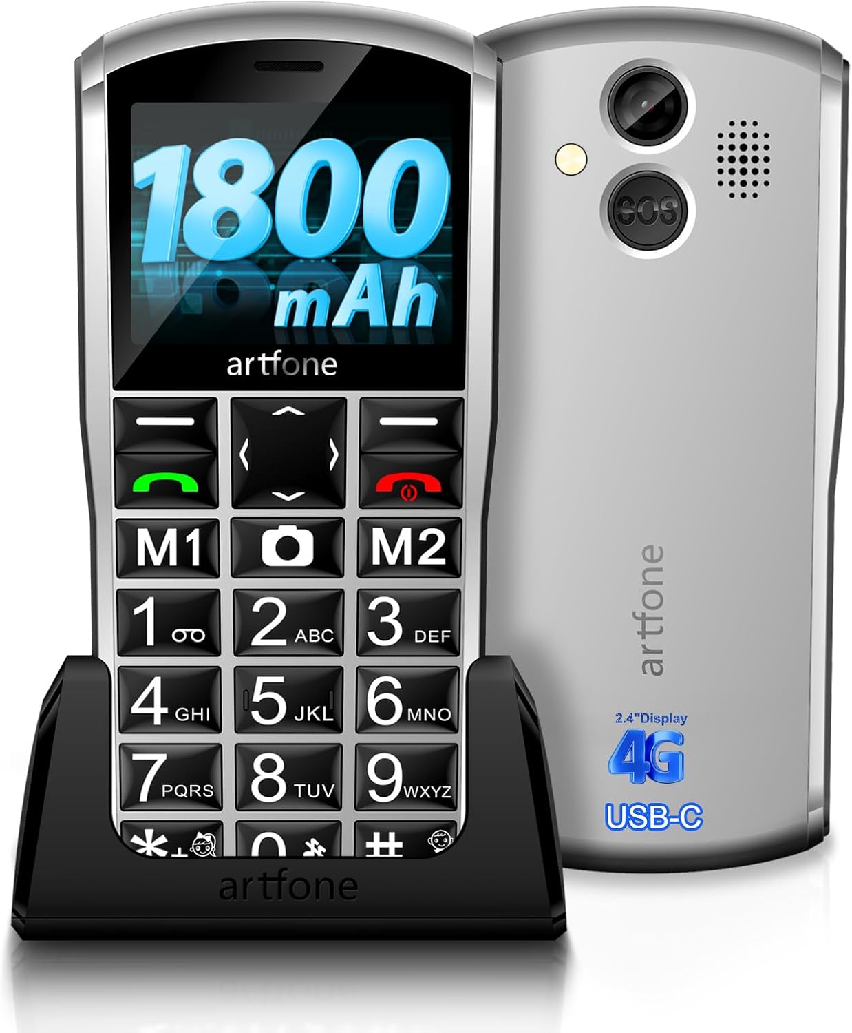 A400 4G Volte Big Button Cell Phone Unlocked for Seniors, Senior Cell Phone for Elderly & Kids with SOS Button, 2MP Camera, 2.4″ Display, Loud Speaker, Charging Dock,1800mAh – Silver