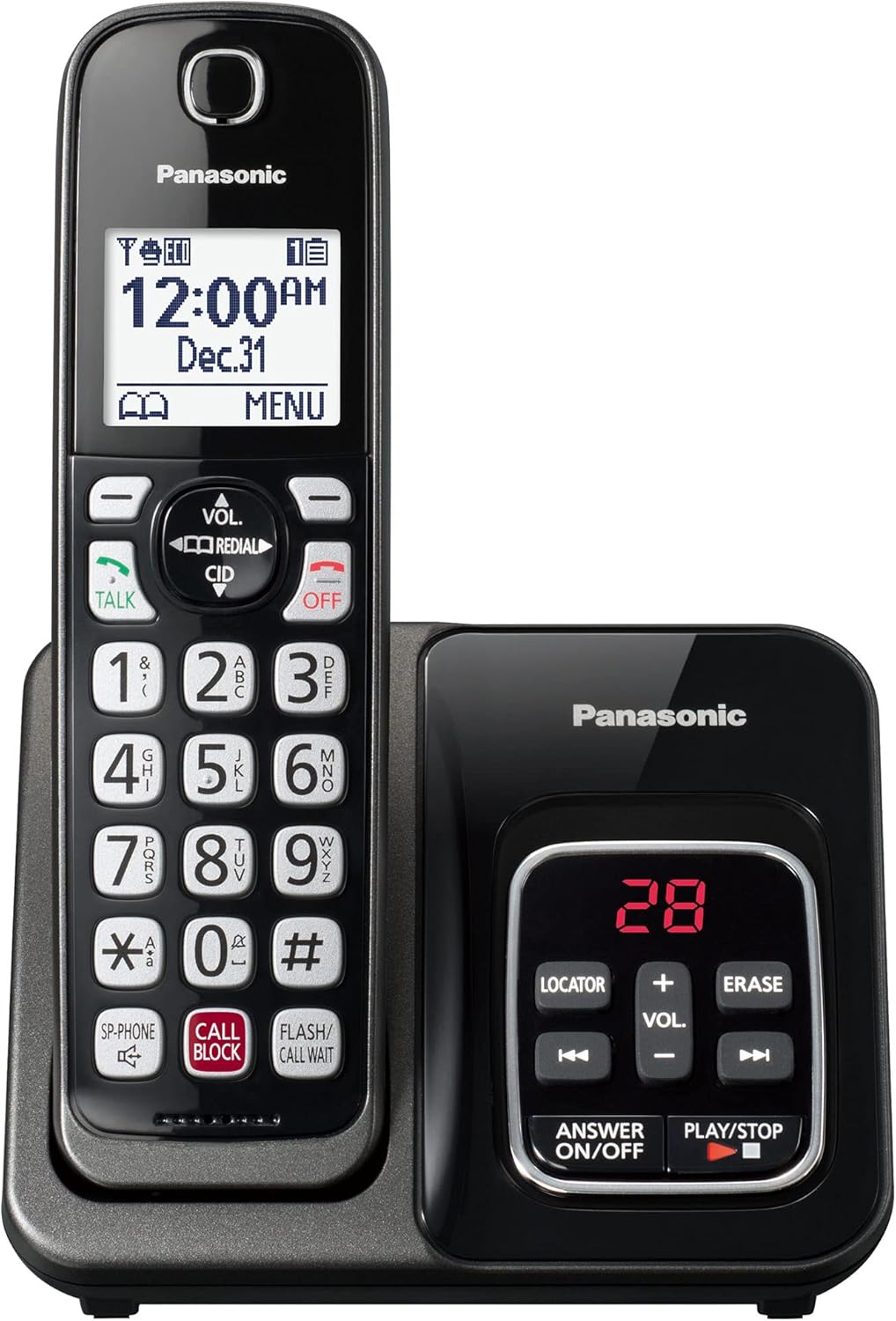 Panasonic Cordless Phone with Answering Machine, Advanced Call Block, Bilingual Caller ID and High-Contrast Display, Expandable System with 1 Handset Cordless Telephone – KX-TGD830M (Metallic Black)