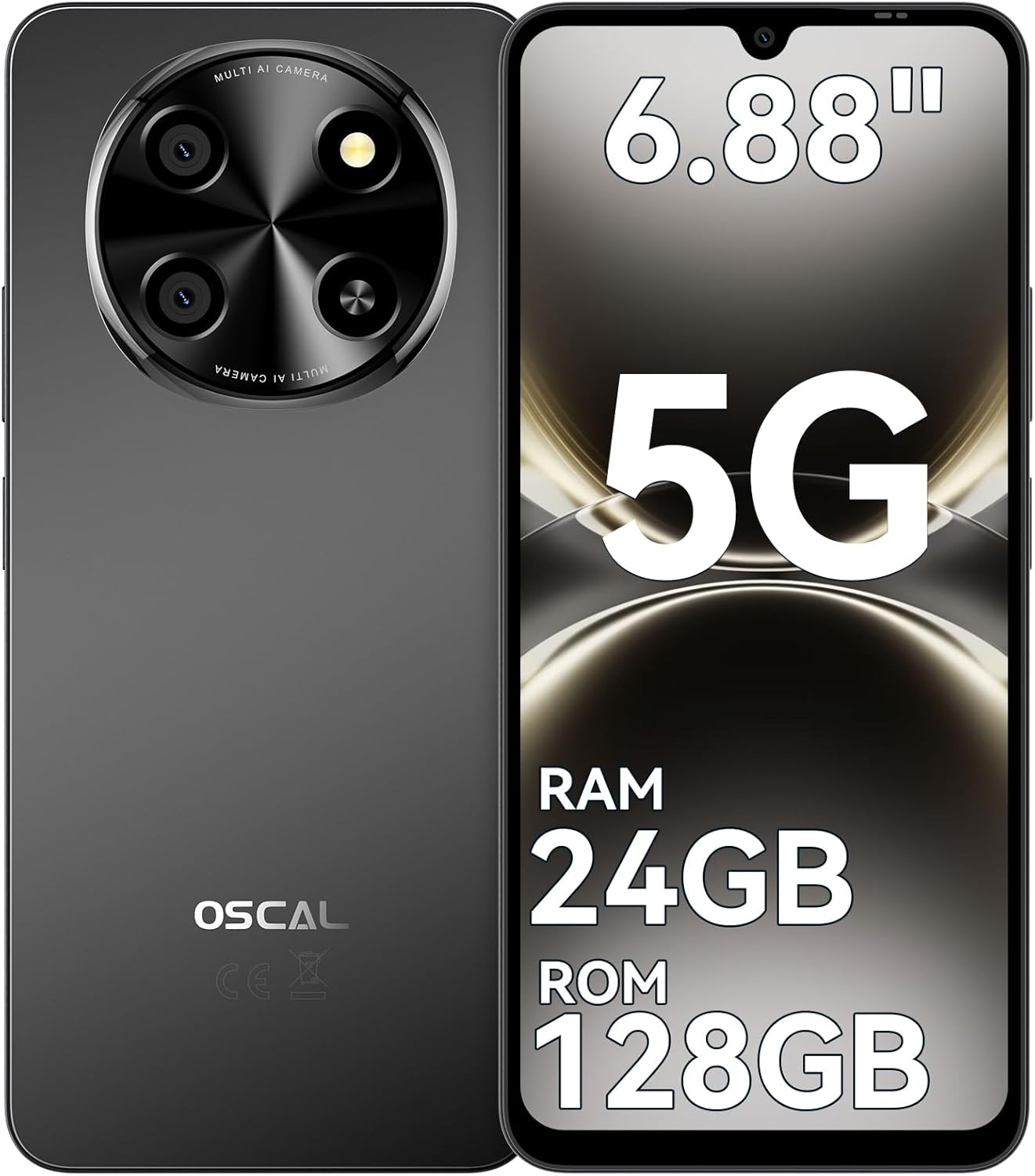 OSCAL 5G Android Phone, 6.88”HD Unlocked Phones for T-Mobile, Tiger 8 Android 15 Phone, NFC, 120Hz, 24GB+128GB/2TB TF Octa Core, 5000mAh(18W) Dual SIM Phones, 16MP Camera, Fingerprint&FaceID, Black