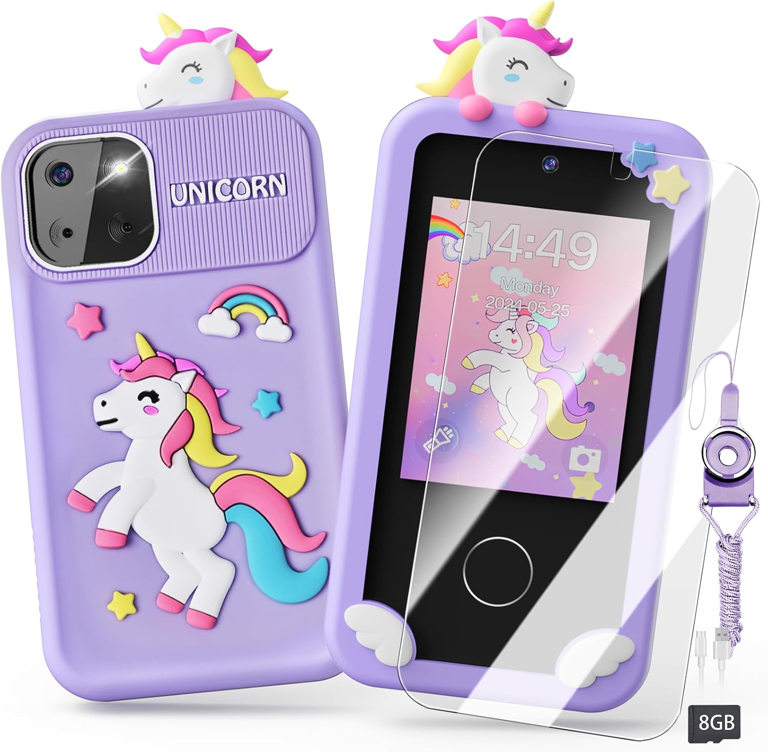 Luyiilo Kids Smart Phone Toys for Girls,Unicorn Gift Toys for Girls Ages 3-9 Christmas Birthday Gifts Mini Smart Phone Toys With 2.8″ Touchscreen 16 Learning Games Dual Camera Music Player, 8G SD Card