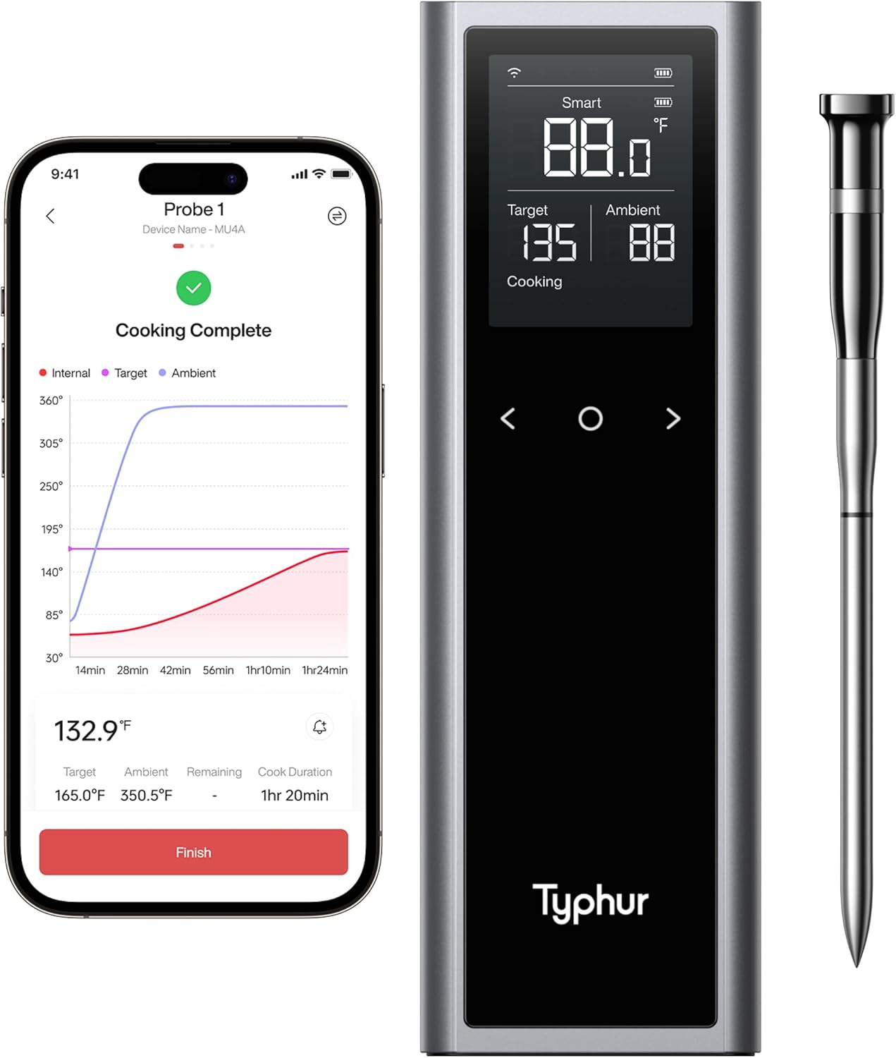 Typhur Sync One Smart Wireless Meat Thermometer: Standalone Base with LCD Display, Unlimited WiFi & Bluetooth Range, Enhanced Signal Stability for BBQ, Grill, Oven, and Smoker