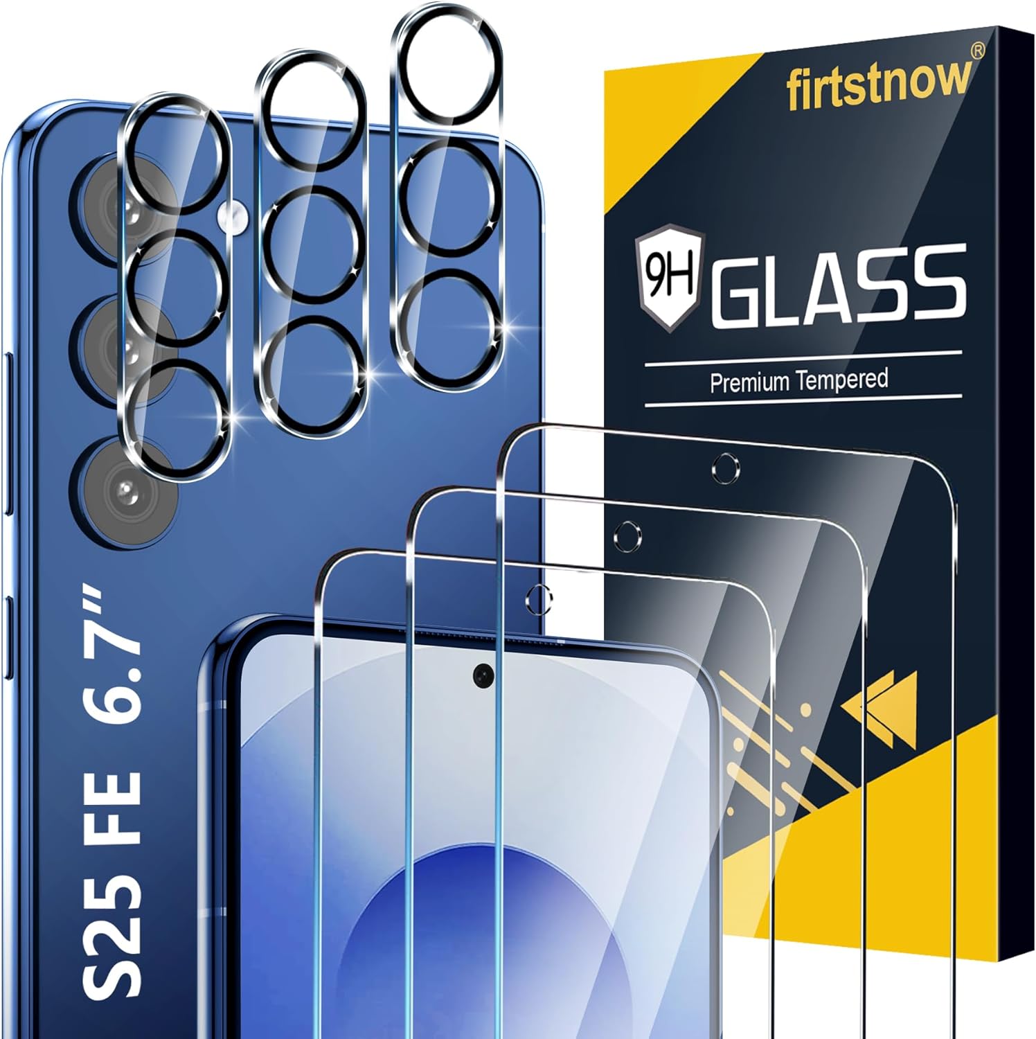 3 Pack Glass Screen Protector for Samsung Galaxy S25 FE [6.7 inch] + 3 Pack Camera Lens Protector, 9H Tempered Glass, Fingerprint Unlock, HD Clear Case Friendly Anti-Scratch