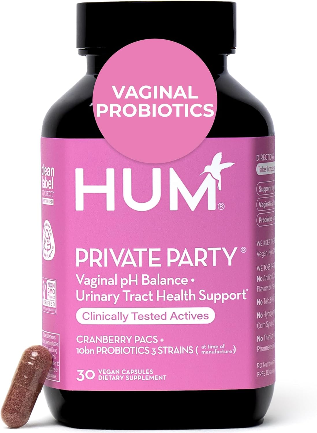 HUM Private Party Vaginal Probiotics for Women, pH Balance and Urinary Tract Support Vaginal Probiotic Supplement with Cranberry & Lactobacillus Blend, Women’s Health Cranberry Pills, 30 Capsules