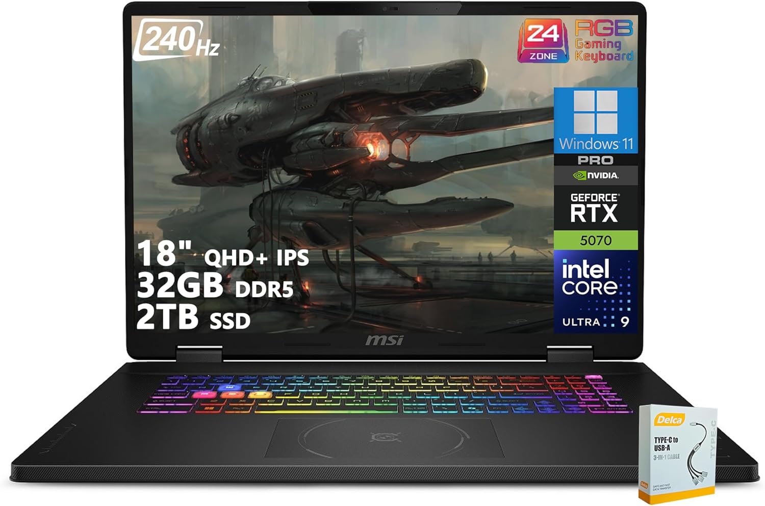 msi Crosshair 18 HX AI Gaming Laptop | 18″ QHD+ IPS 240Hz | Intel Core Ultra 9 275HX | 32GB DDR5 2TB SSD | GeForce RTX 5070 (Up to 798 AI Tops) | RGB Backlit Thunderbolt 4 Win11 Pro w/DLCA Accessory