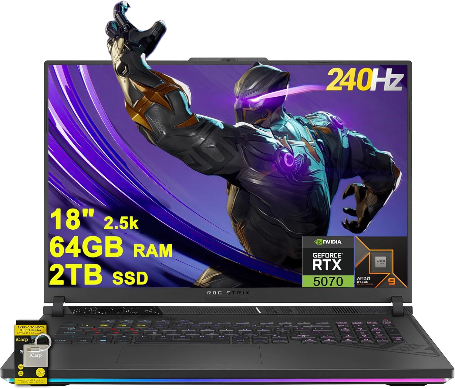 ASUS ROG Strix G18 G814 Gaming Laptop 18″ 2.5k (2560×1600) 240Hz (100% DCI-P3, 3ms) AMD 16-core Ryzen 9 9955HX (Beats i9-14900HX) 64GB RAM 2TB SSD GeForce RTX 5070 RGB Backlit WiFi6E Win11 ICP Hub