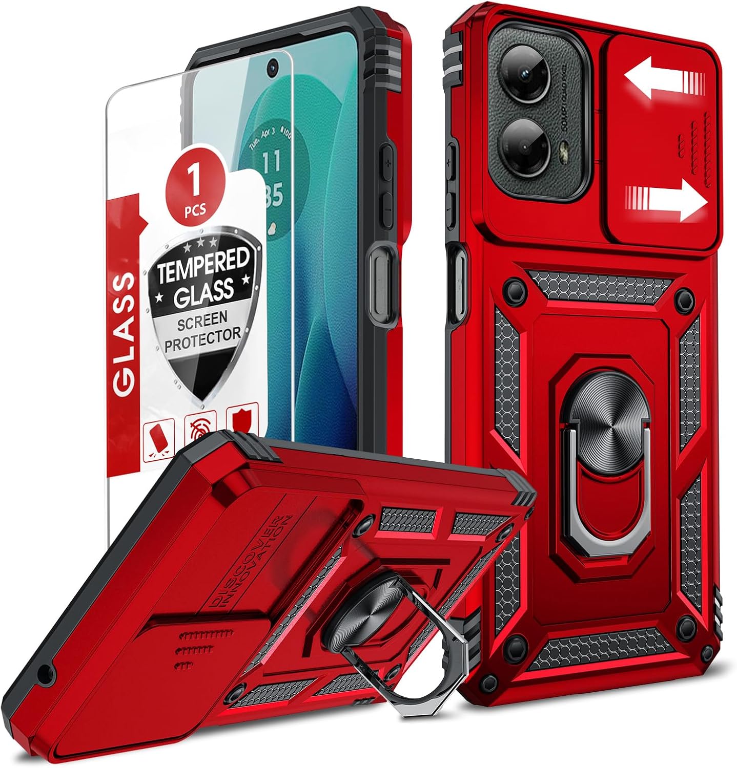 LeYi for Phone Case Moto G 5G 2024: Moto 5G 2024 Case with Slide Camera Cover and Glass Screen Protector, Heavy Duty Android Mobile Smartphone Case Cover with Magnetic Ring Stand Moto G5g 2024, Red