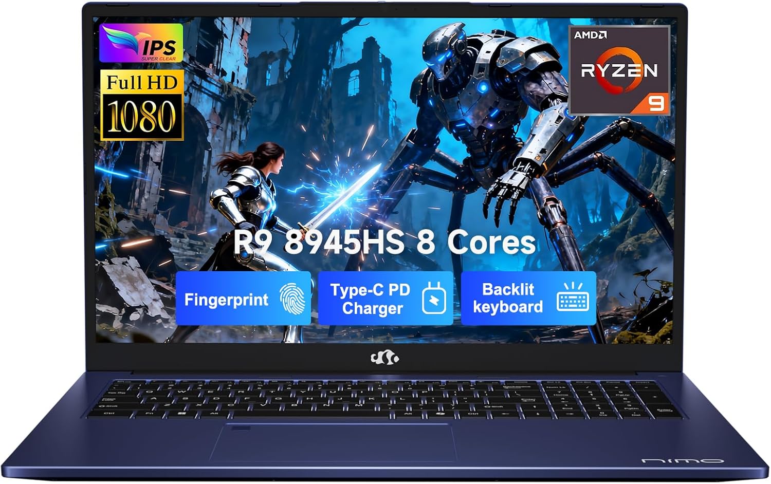 NIMO 17.3 Gaming-Laptop Ryzen 9 8945HS (Beat i9-13900H, Up to 5.2GHz) 16GB RAM, 1TB SSD, Radeon 780M, PD 100W Type-C AI-Enhanced for Copilot VR Ready, Backlit Keyboard, Fingerprint